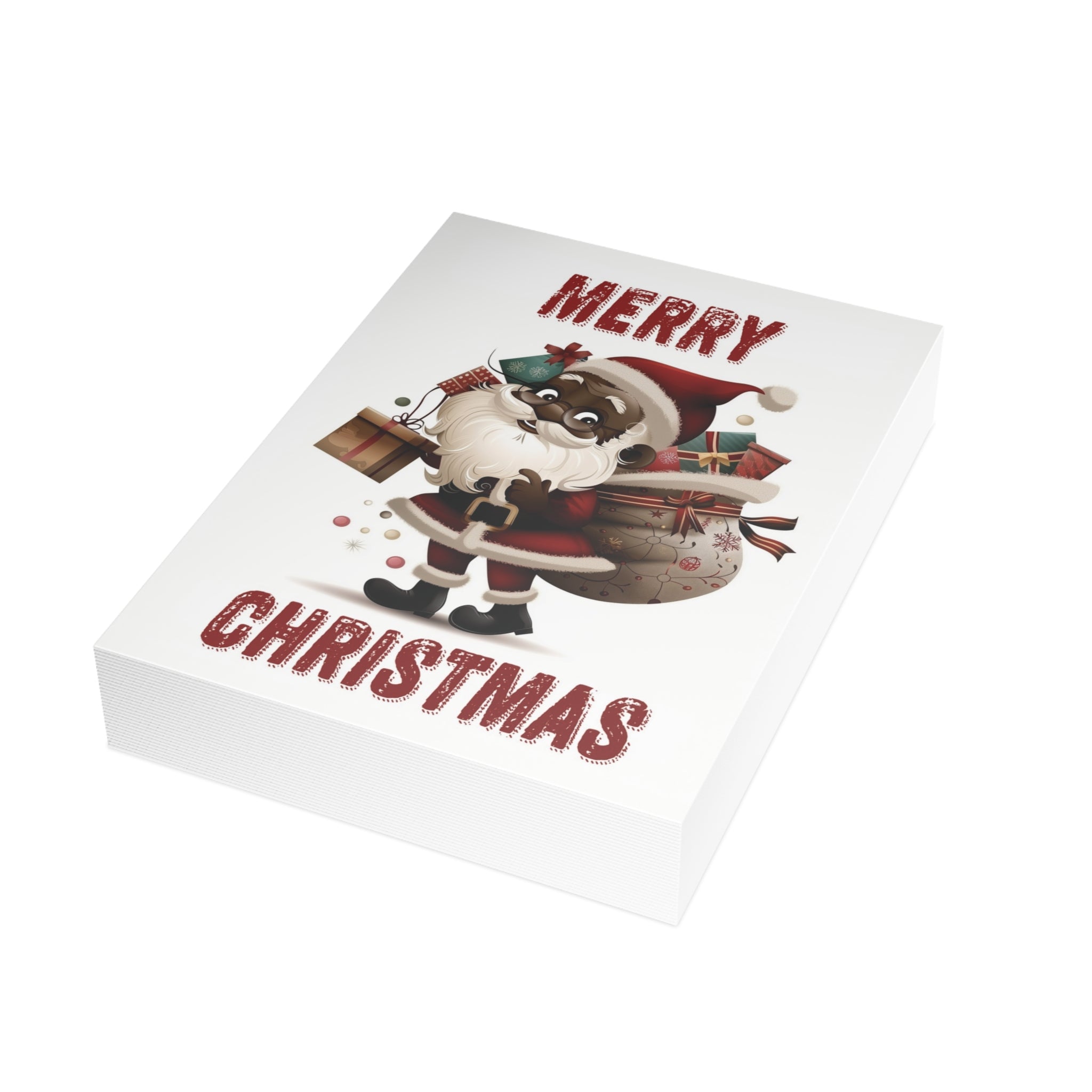 African American Santa Christmas Card – Afrocentric holiday greeting featuring a Black Santa Claus design, festive Christmas card with envelope. (30 cards)