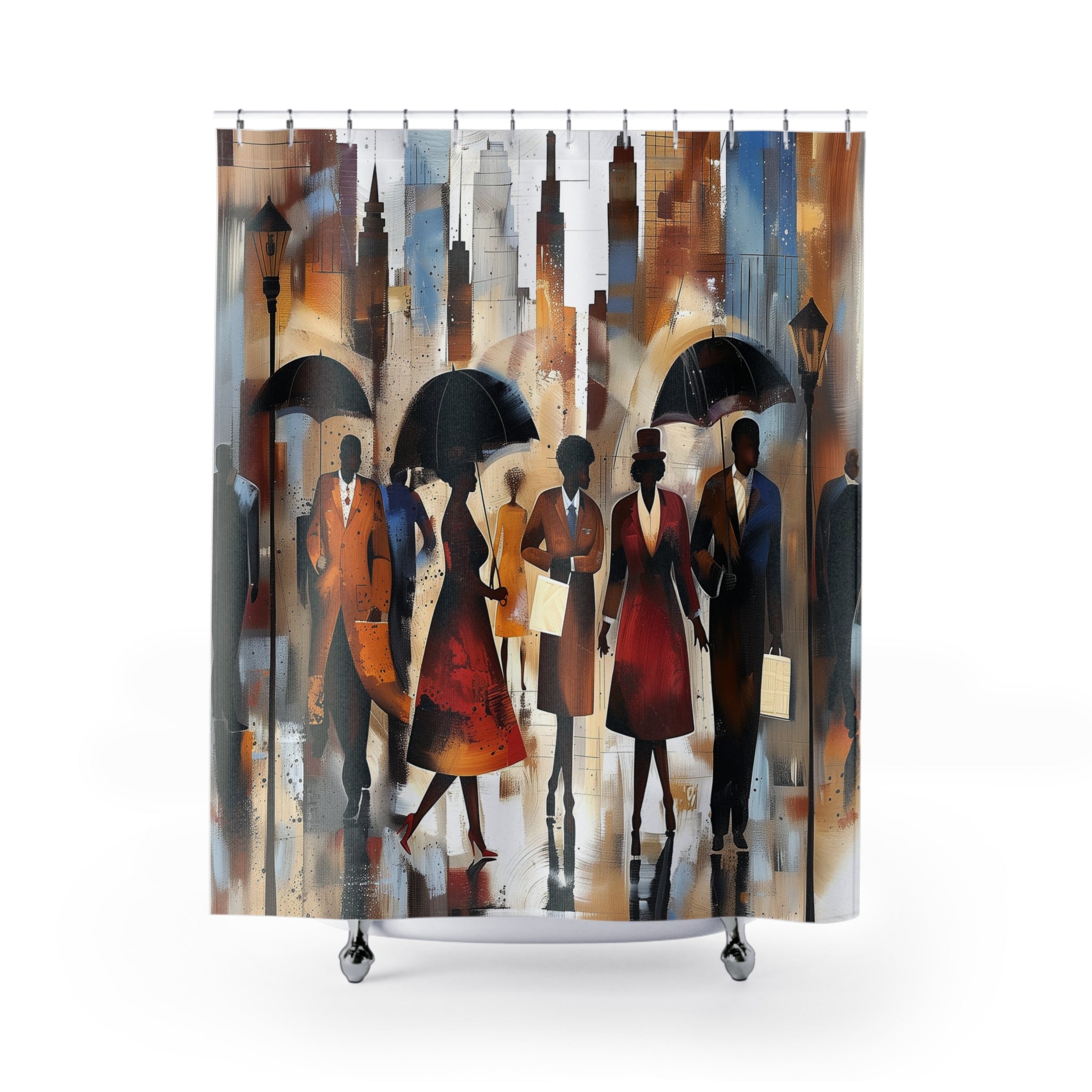 New York City Rainy Day shower curtain featuring Afrocentric abstract art of people walking in the rain during NYC rush hour with umbrellas and city skyline.
