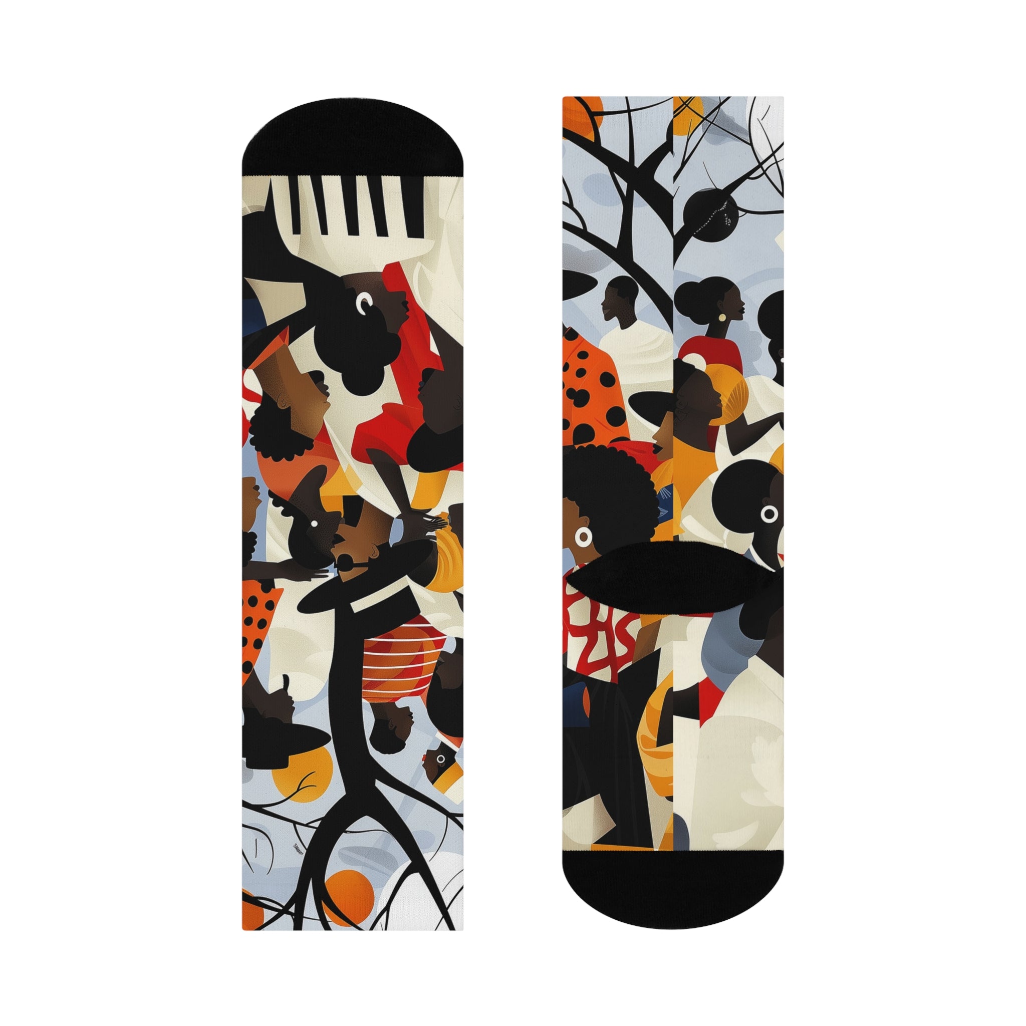 Juneteenth picnic crew socks featuring Afrocentric art of a joyful Picnic in the Park celebration, symbolizing Black culture, freedom, and community.