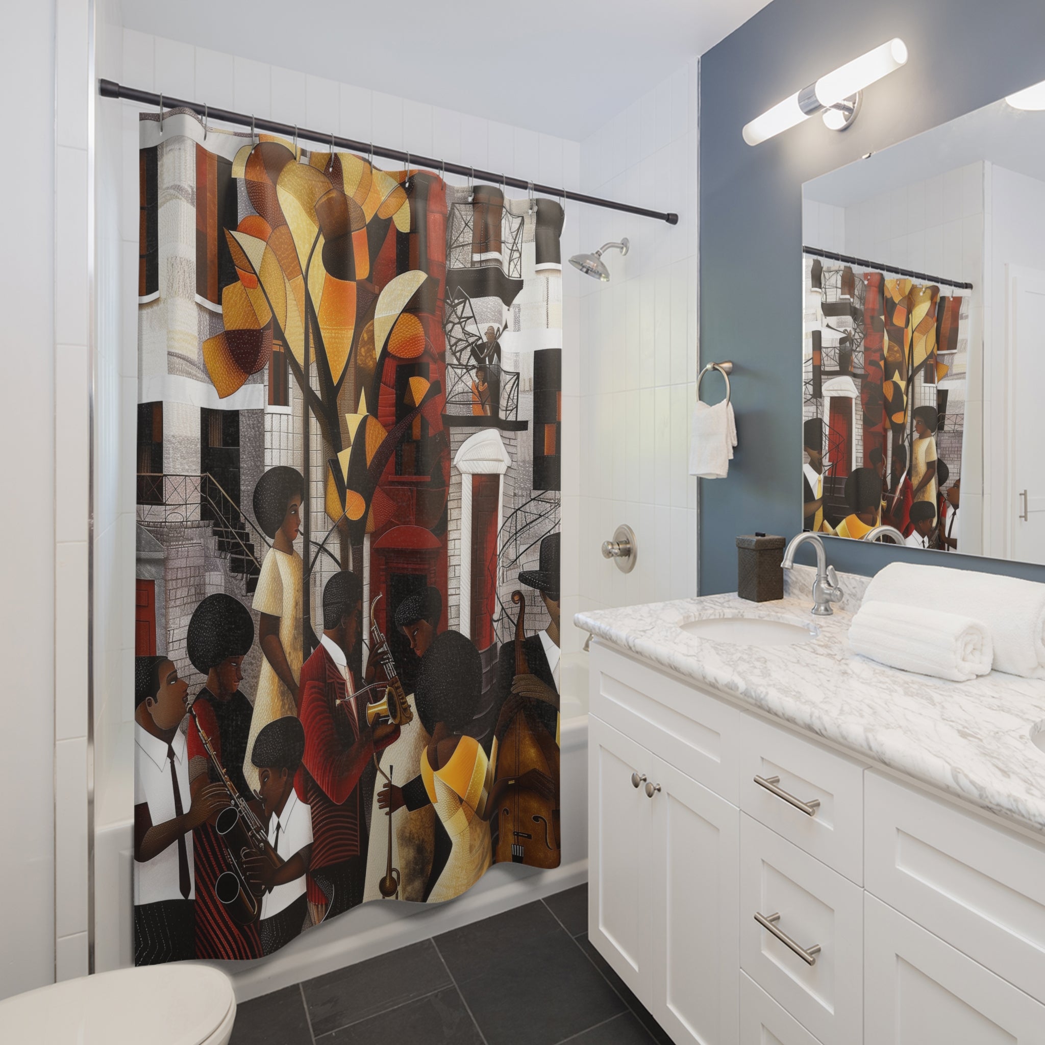Shower curtain featuring Harlem Renaissance jazz musicians in an Afro Bauhaus bohemian art style; vibrant Afrocentric design perfect for cultural bathroom decor.
