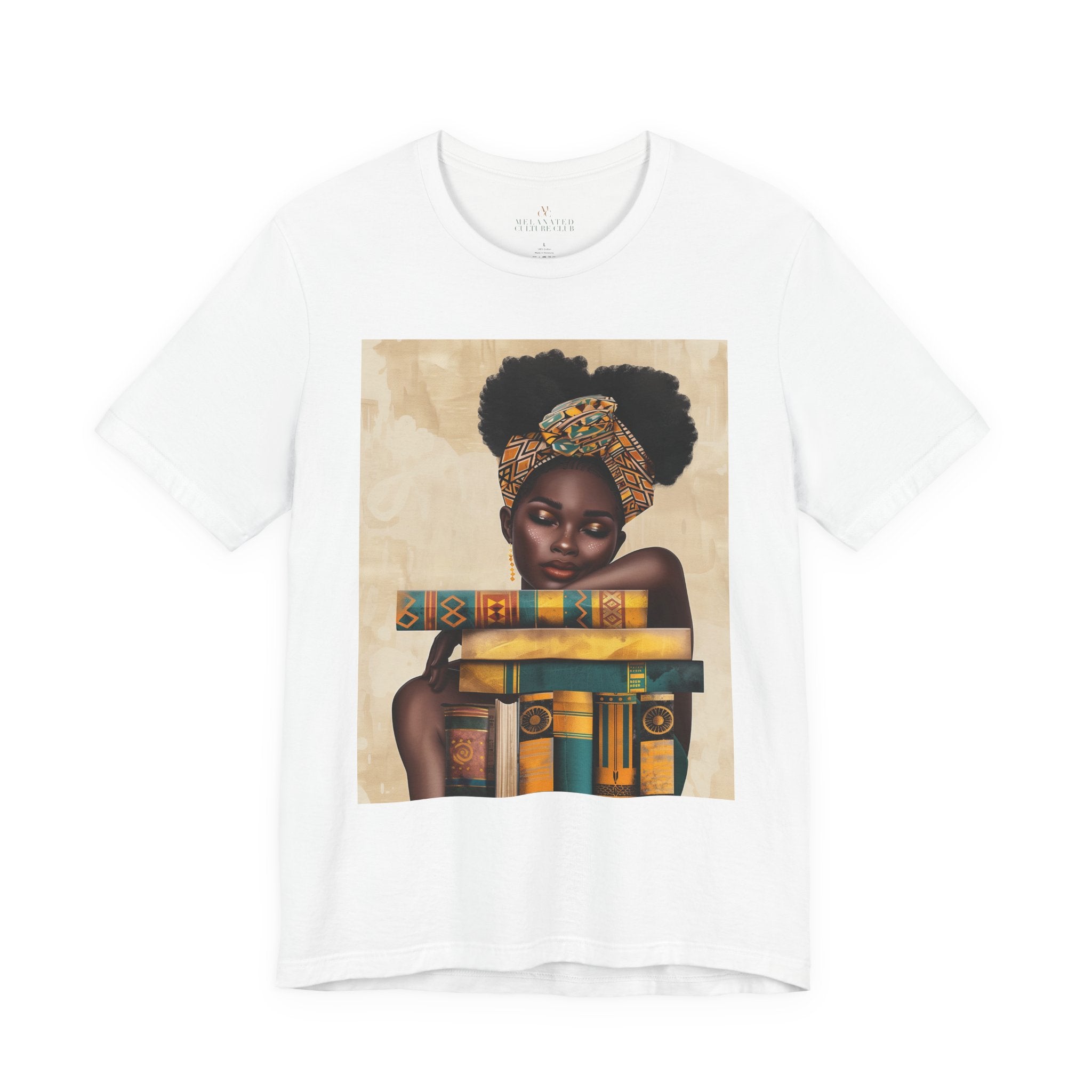 Afrocentric illustration of a young Black woman with a serene expression hugging a stack of books, symbolizing education, knowledge, legacy, and generational success.