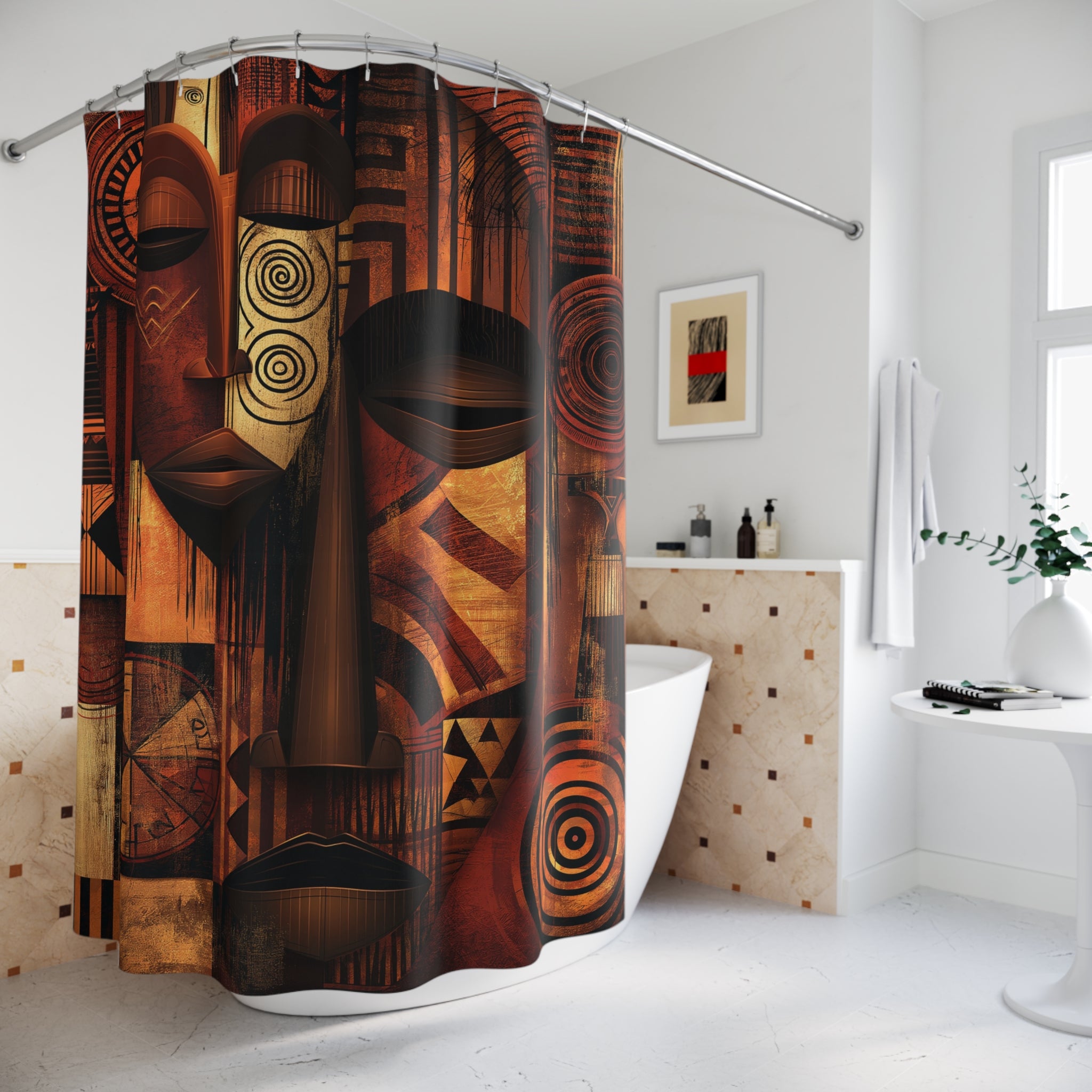 African Mask Abstract Shower Curtain hanging on a curved shower rod.