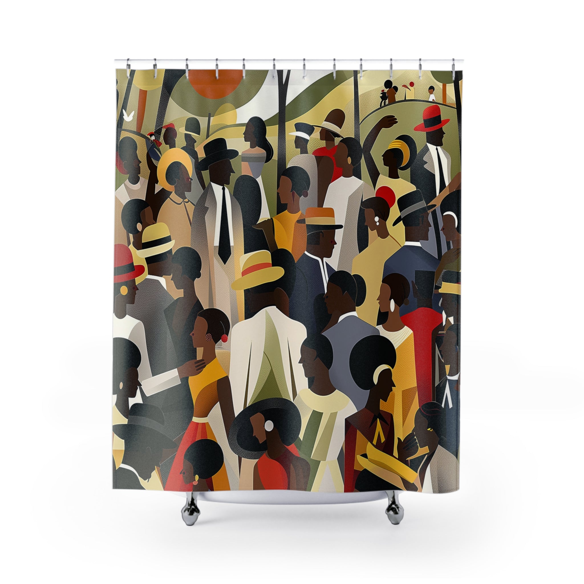 Picnic in the Park Bathroom Shower Curtain featuring African American men and women celebrating Juneteenth outdoors. Afrocentric family reunion scene with people dancing, talking, and enjoying a festive picnic in a vibrant park setting. Bold, colorful cultural bathroom decor.