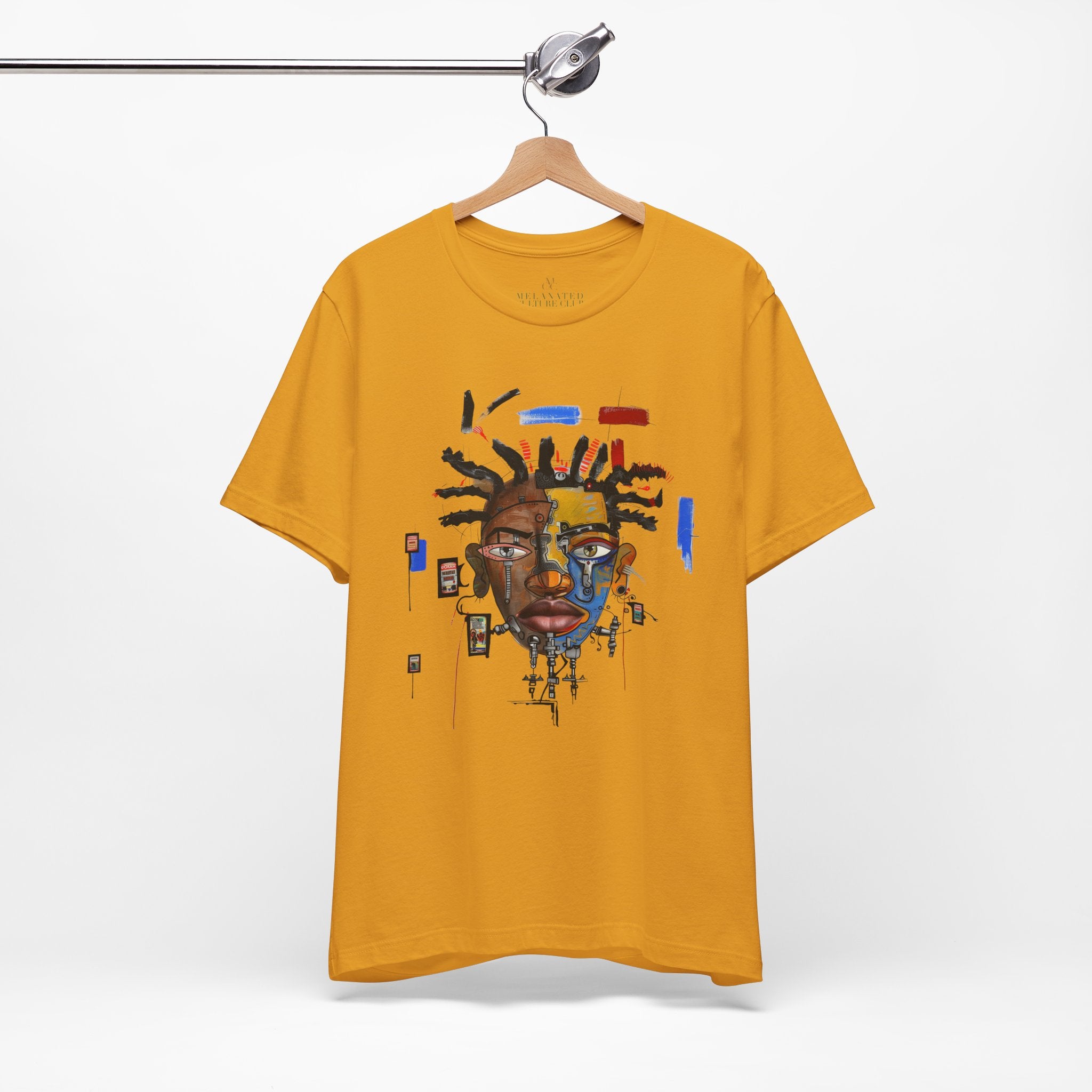 Abstract Afrocentric t-shirt featuring a split-face portrait of a Black man, half human and half robot, with expressive facial features and futuristic mechanical details in an Afrofuturism art style. Series 03