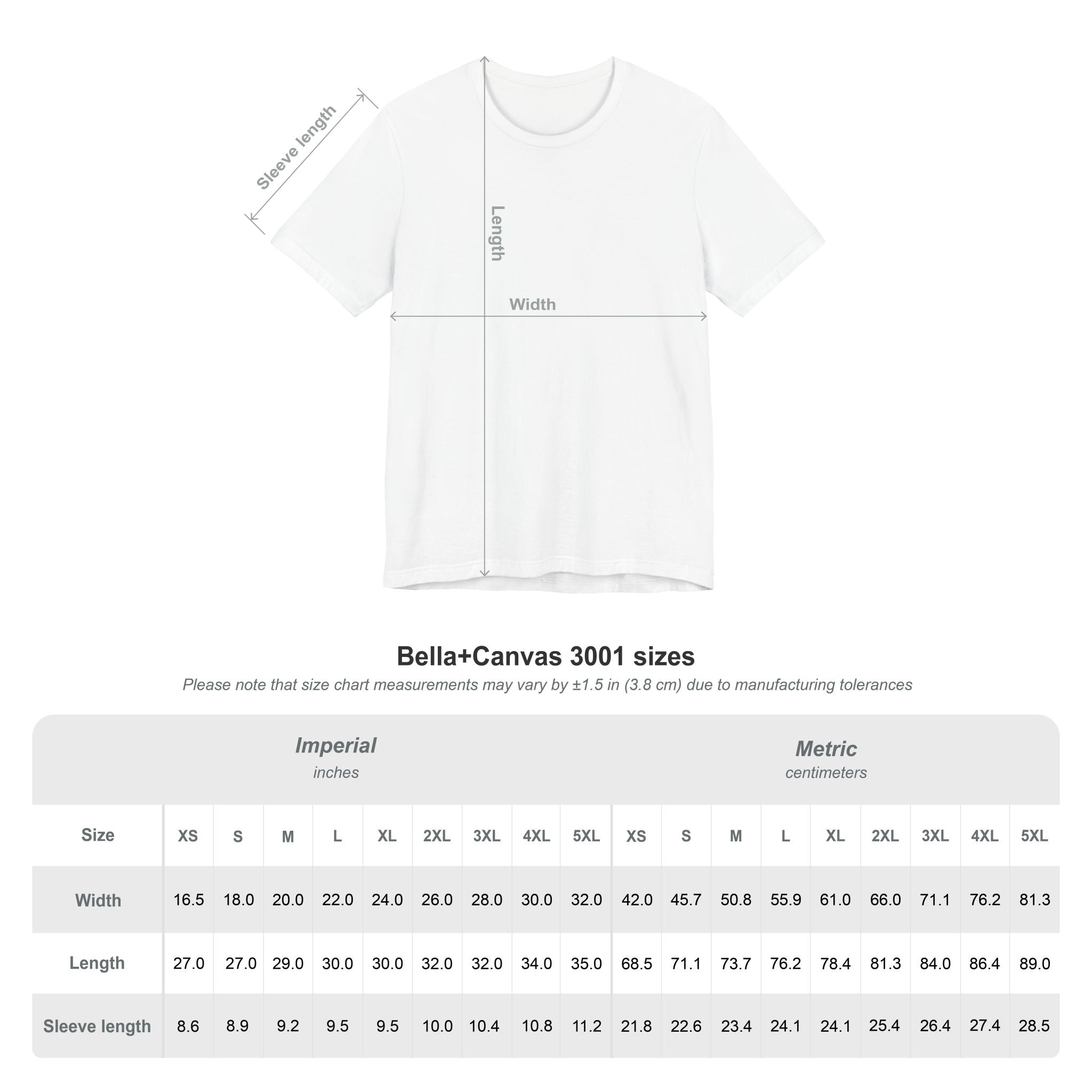Bella+Canvas 3001 Sizes for Unisex Tee Shirts