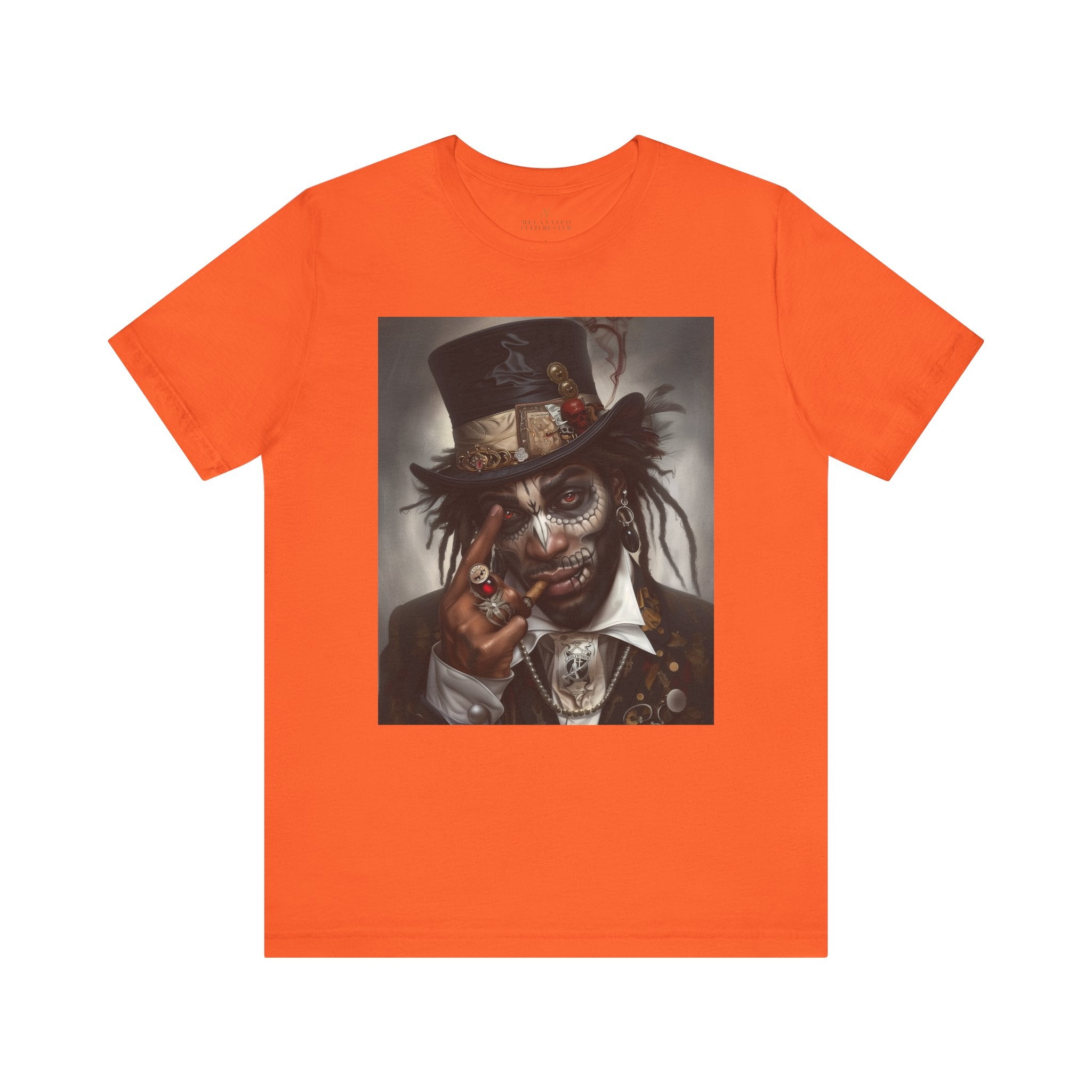 Voodoo Priest Tee Shirt featuring an Afrocentric gothic design of a voodoo priest in a top hat with skull face paint, red eyes, dark fantasy Afrocentric streetwear. (Front style)