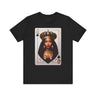 Black Queen of Spades Tee Shirt featuring an illustrated African American woman with an afro and gold crown, styled as the Queen of Spades playing card. Afrocentric vintage-inspired streetwear design in bold red, gold, and black colors.