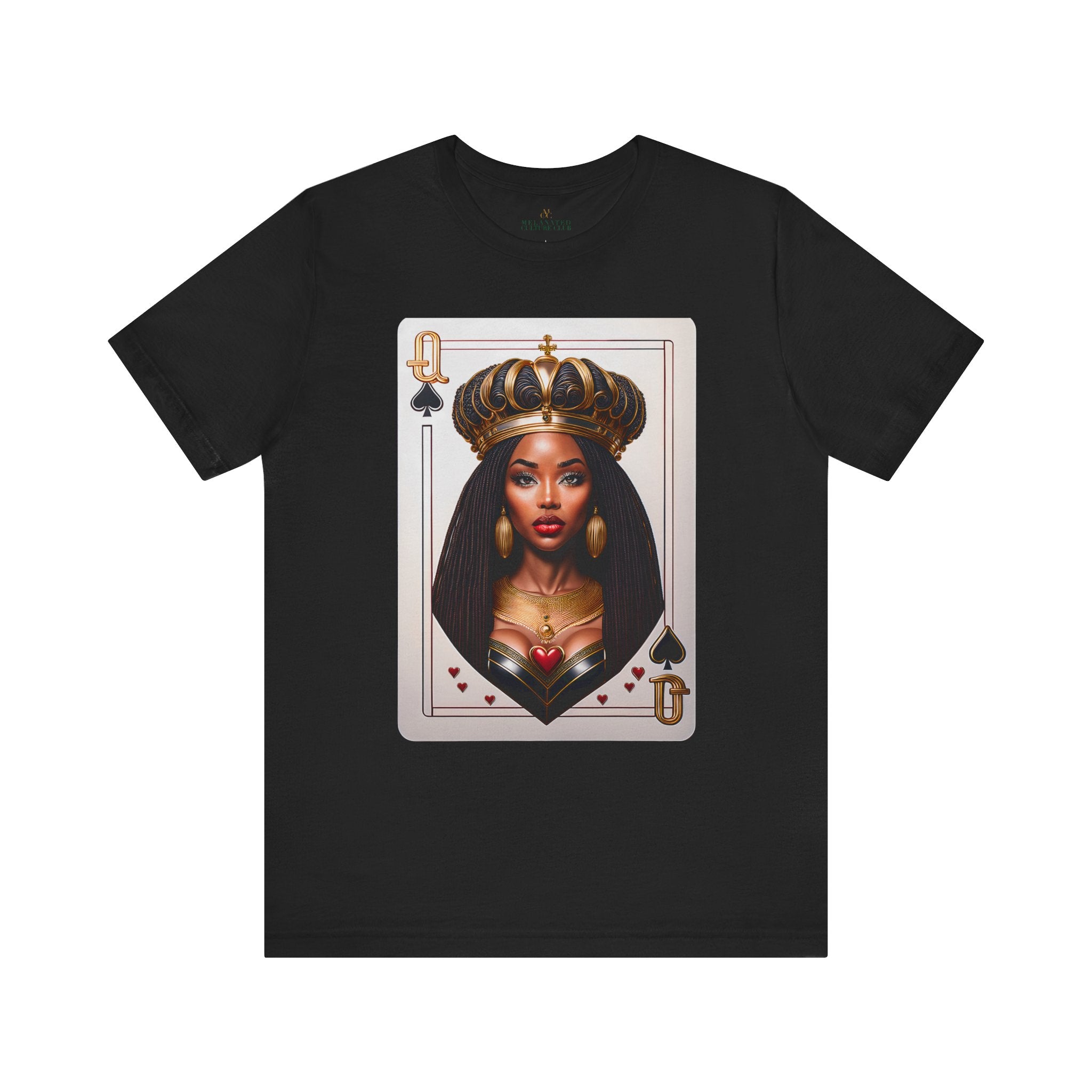 Black Queen of Spades Tee Shirt featuring an illustrated African American woman with an afro and gold crown, styled as the Queen of Spades playing card. Afrocentric vintage-inspired streetwear design in bold red, gold, and black colors.