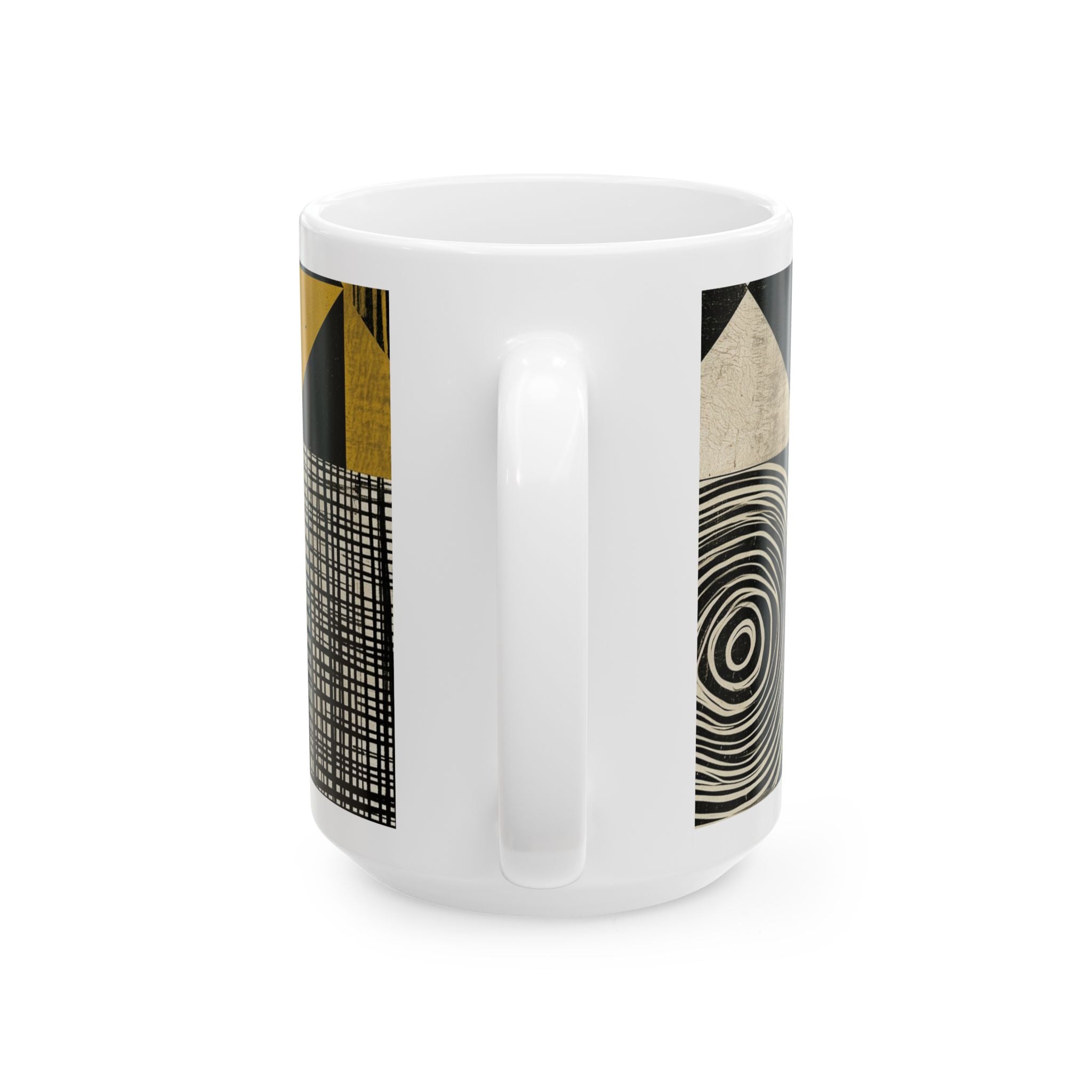Back view of an 15 oz  Afrocentric geometric coffee mug featuring bold black, mustard gold, cream and red abstract shapes, arches, stripes and checkerboard patterns, displayed against a white background.