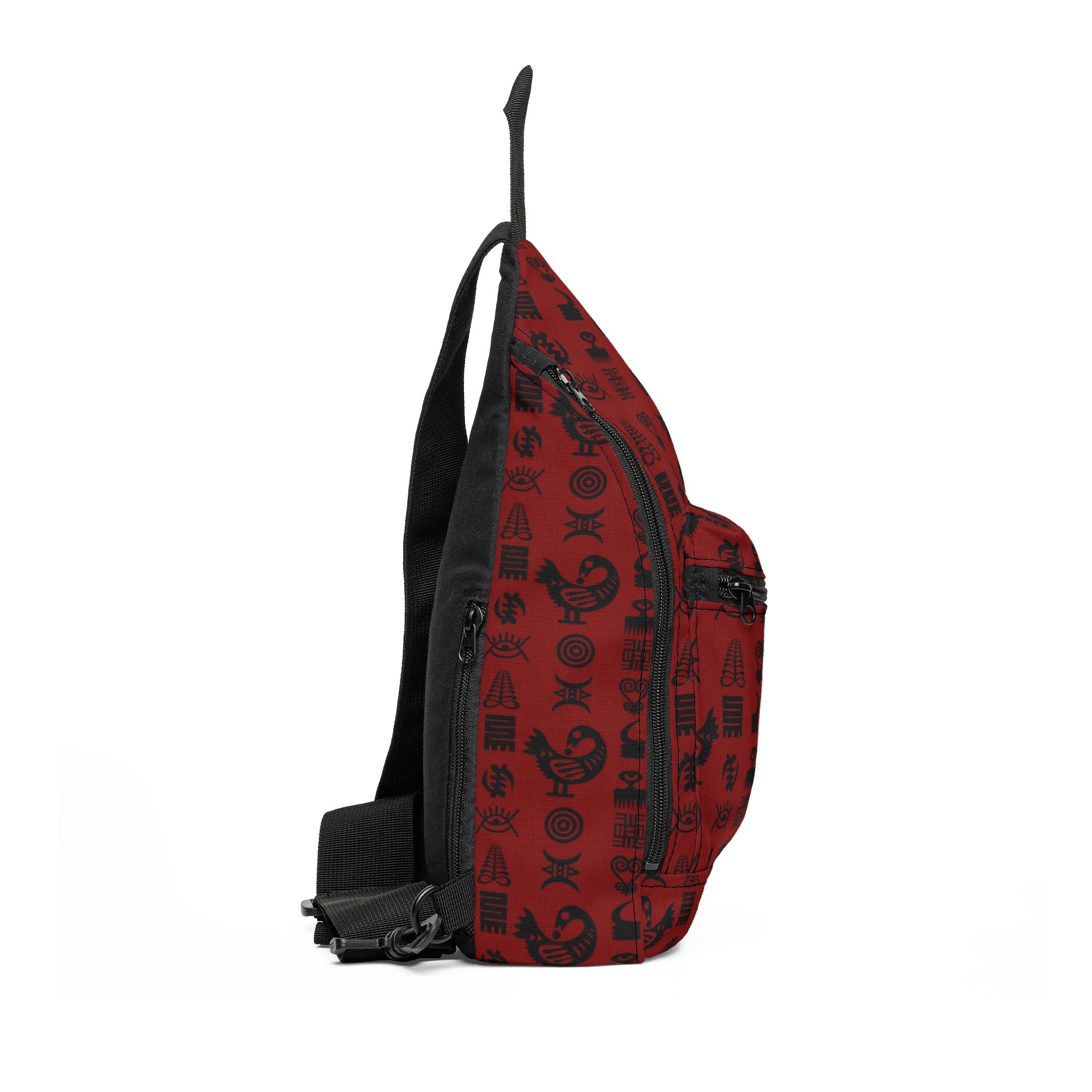 Crossbody sling bag featuring traditional Ghanaian Adinkra symbols in an Afrocentric pattern celebrating African heritage, culture, wisdom, and unity.