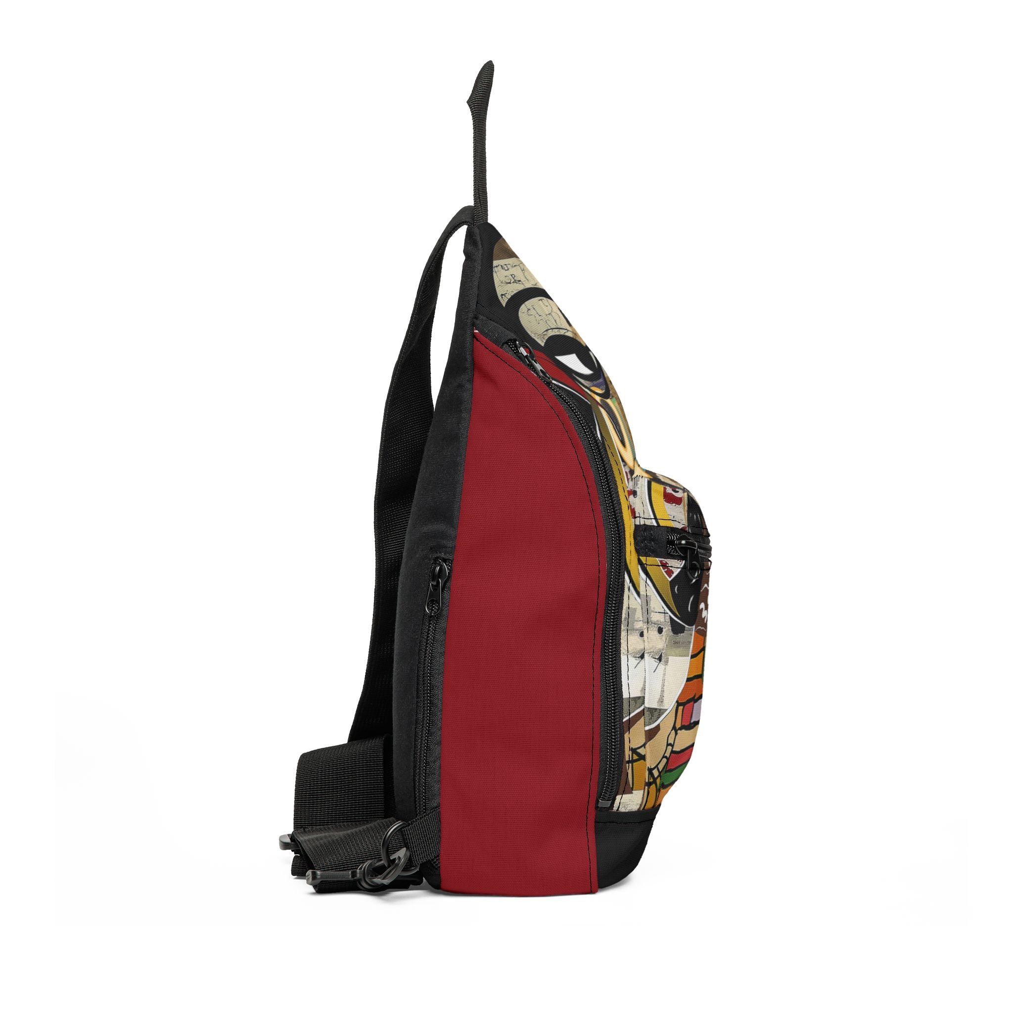 Latisha crossbody sling bag featuring an abstract cartoon-style Black woman with oversized round black eyeglasses in a vibrant Afrocentric graffiti art design celebrating Black girl magic and empowerment.