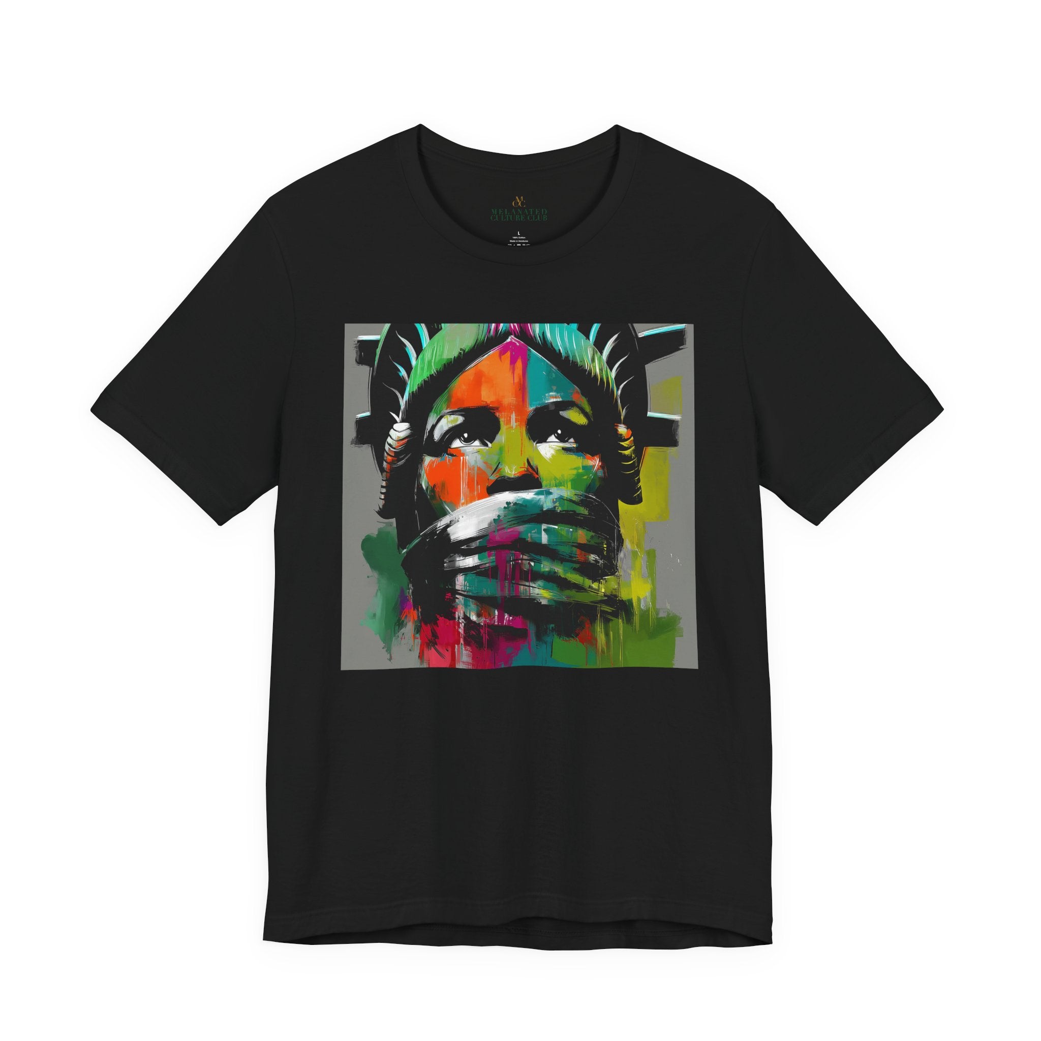 Black woman depicted as Statue of Liberty with mouth covered by white cloth symbolizing silenced freedom of speech First Amendment protest art on tee shirt
