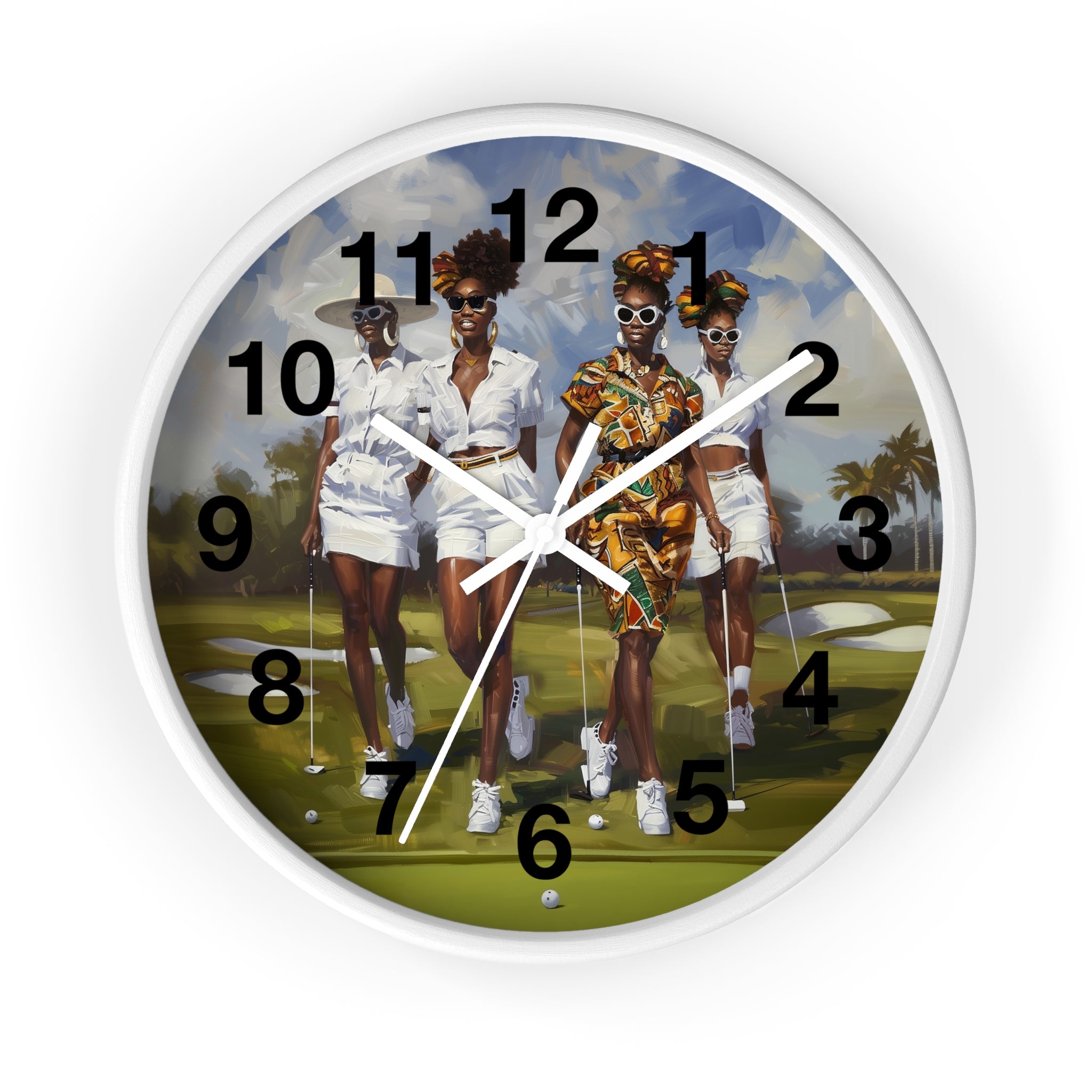Round wall clock with a white frame and a printed illustration of four stylish women walking on a golf course. The clock face includes black Arabic numerals and white hands.