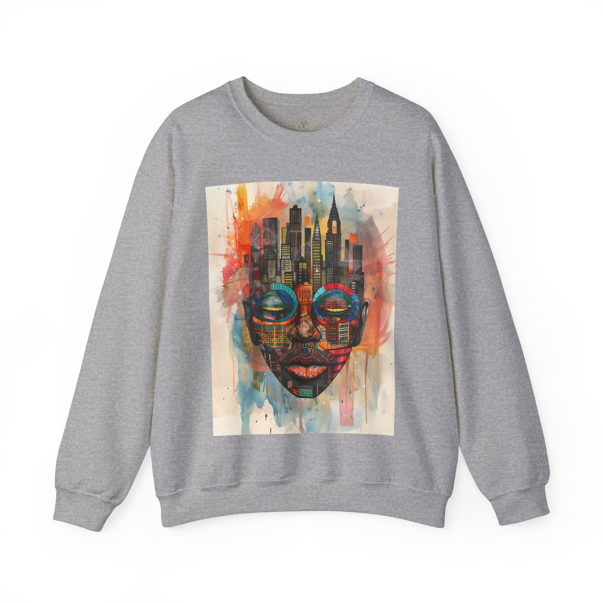NYC African Mask Sweatshirt in grey.