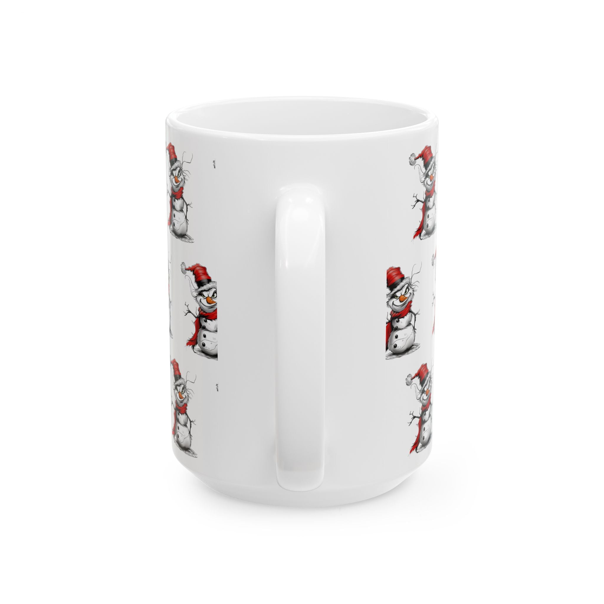 Grinch Snowman Coffee Mug featuring a naughty-looking snowman with a Grinch-inspired face – unique Christmas holiday beverage mug perfect for festive kitchens and seasonal drinks.