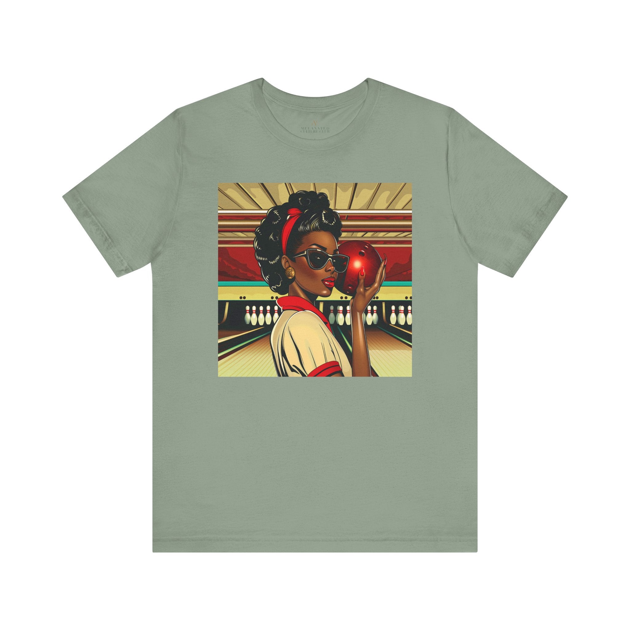 Woman Bowling Shirt African American Woman Tee Retro Pop Art in sage.