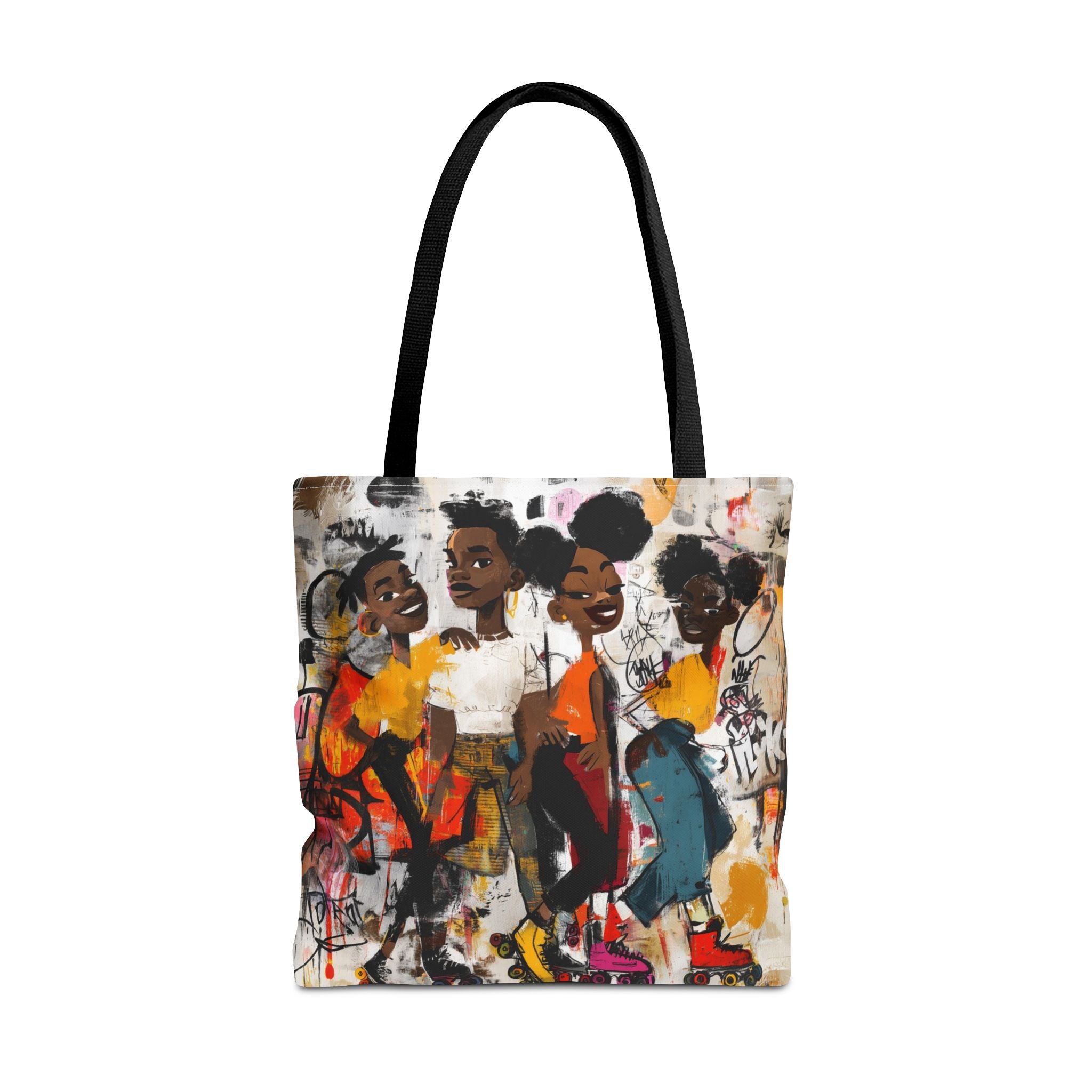 Colorful Afrocentric tote bag featuring abstract graffiti-style cartoon illustrations of Black roller skaters dancing and gliding at a roller rink. Vibrant urban artwork celebrates roller skating culture, Black joy, music, movement, and community.
