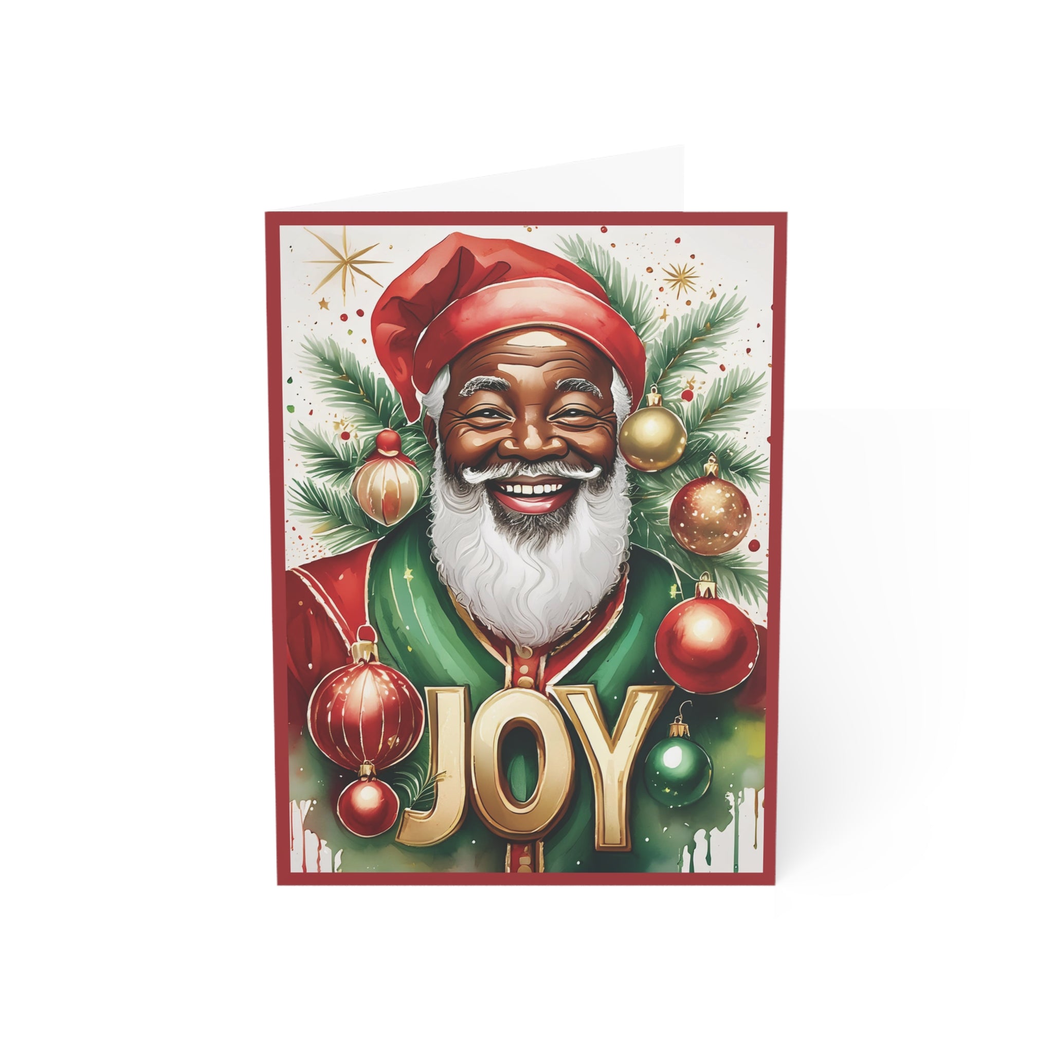 Black Santa Christmas Card with the word “JOY,” featuring an African American Santa Claus design, festive Afrocentric holiday greeting card with envelope. 