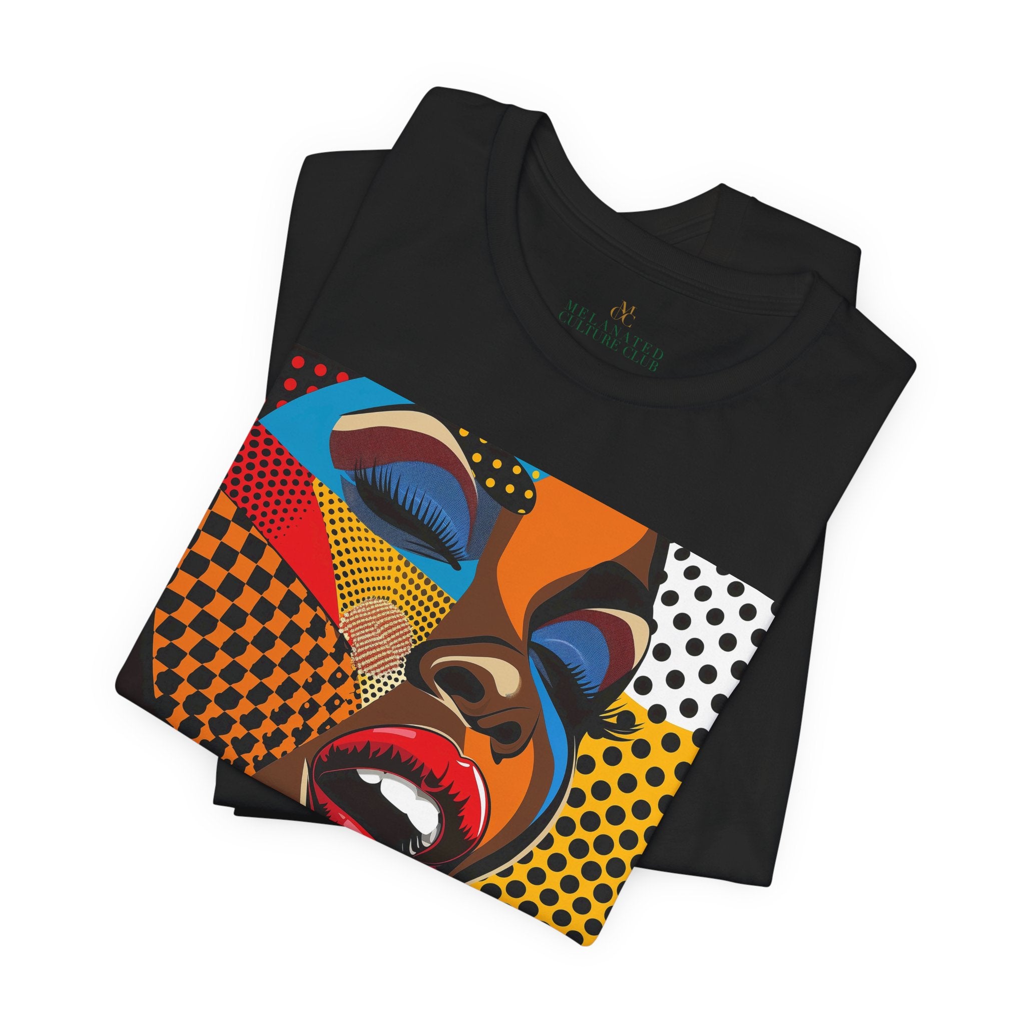 Beautiful Black Girl Pop Art Tee featuring a comic book-style illustration of an African American woman with closed eyes and bold red lips singing. Designed in bright, vivid colors with Afrocentric flair and Pop Art movement aesthetics.