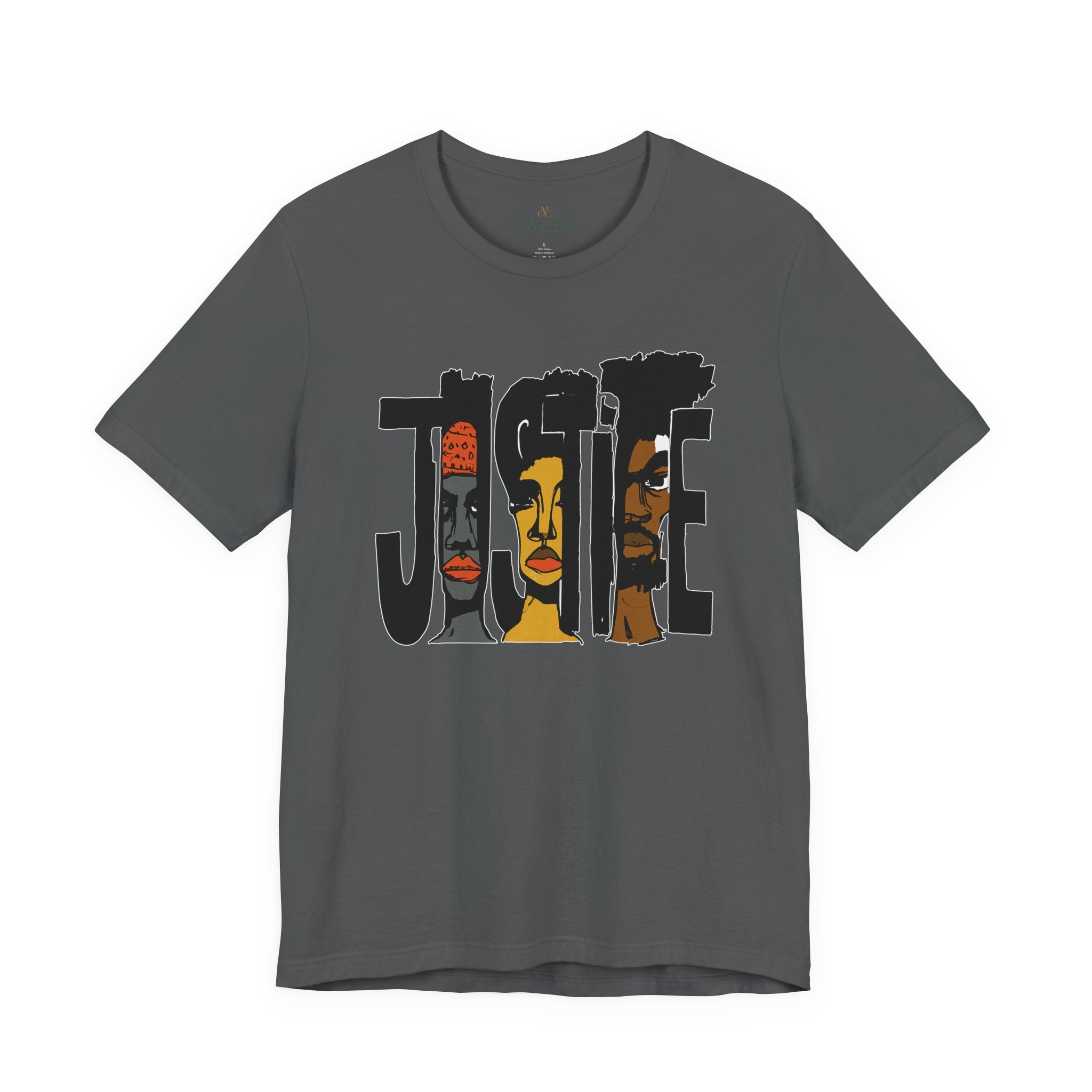 A dark grey short-sleeve crewneck t-shirt featuring a graphic print of the word 'JUSTICE' filled with stylized illustrations of African American faces in black, brown, and orange tones.