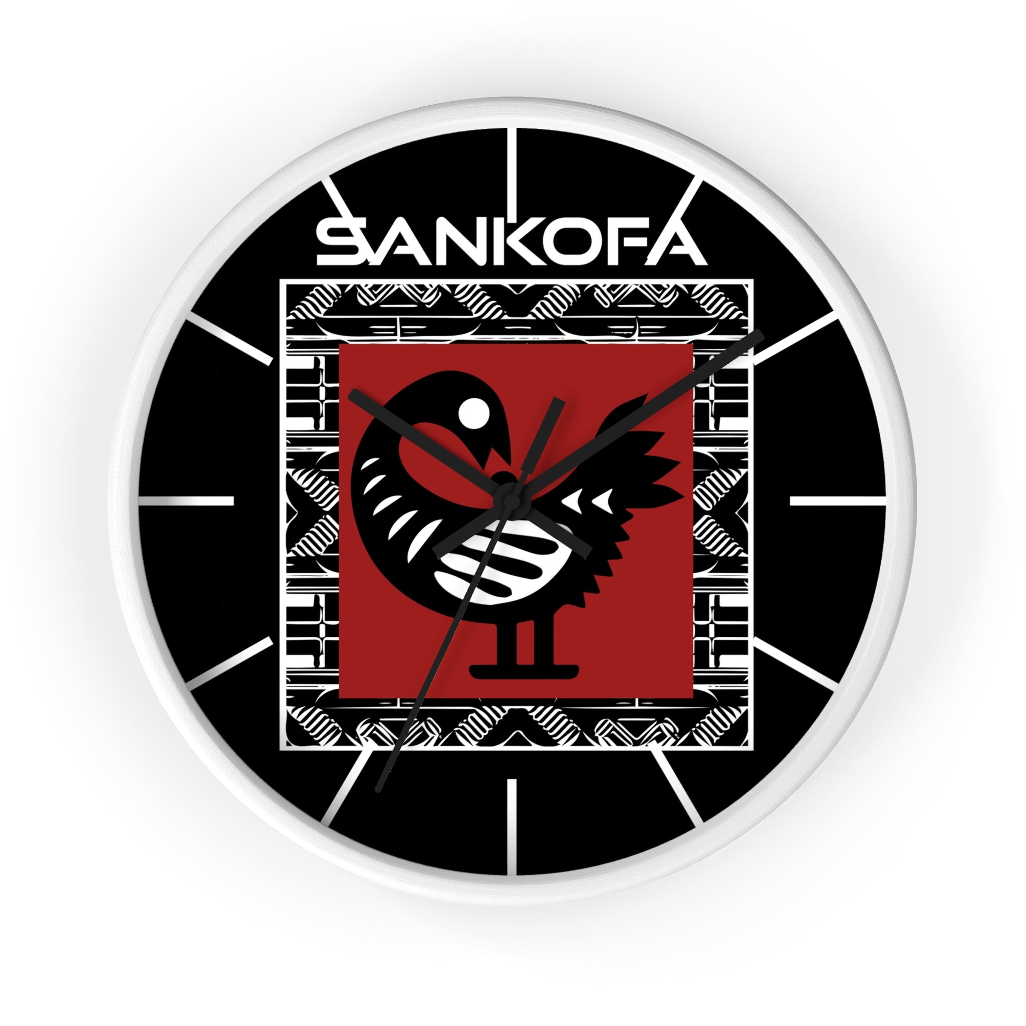 Adinkra Sankofa Wall Clock featuring the Ghanaian “Go Back and Get It” bird symbol. Afrocentric wall decor celebrating African heritage and ancestral wisdom.