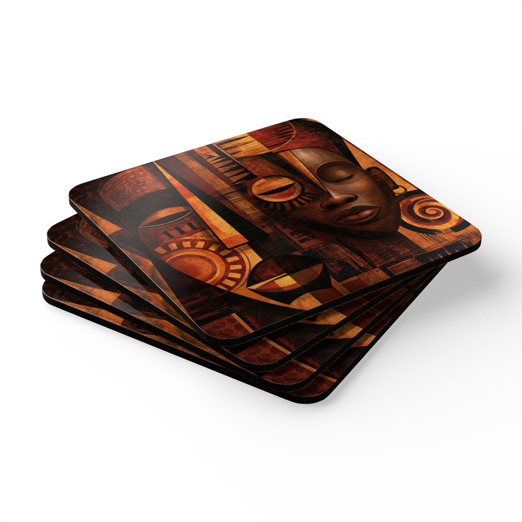 Side view of stack of four African Mask beverage coasters featuring vibrant Afrocentric artwork with cork backing.  Style 03