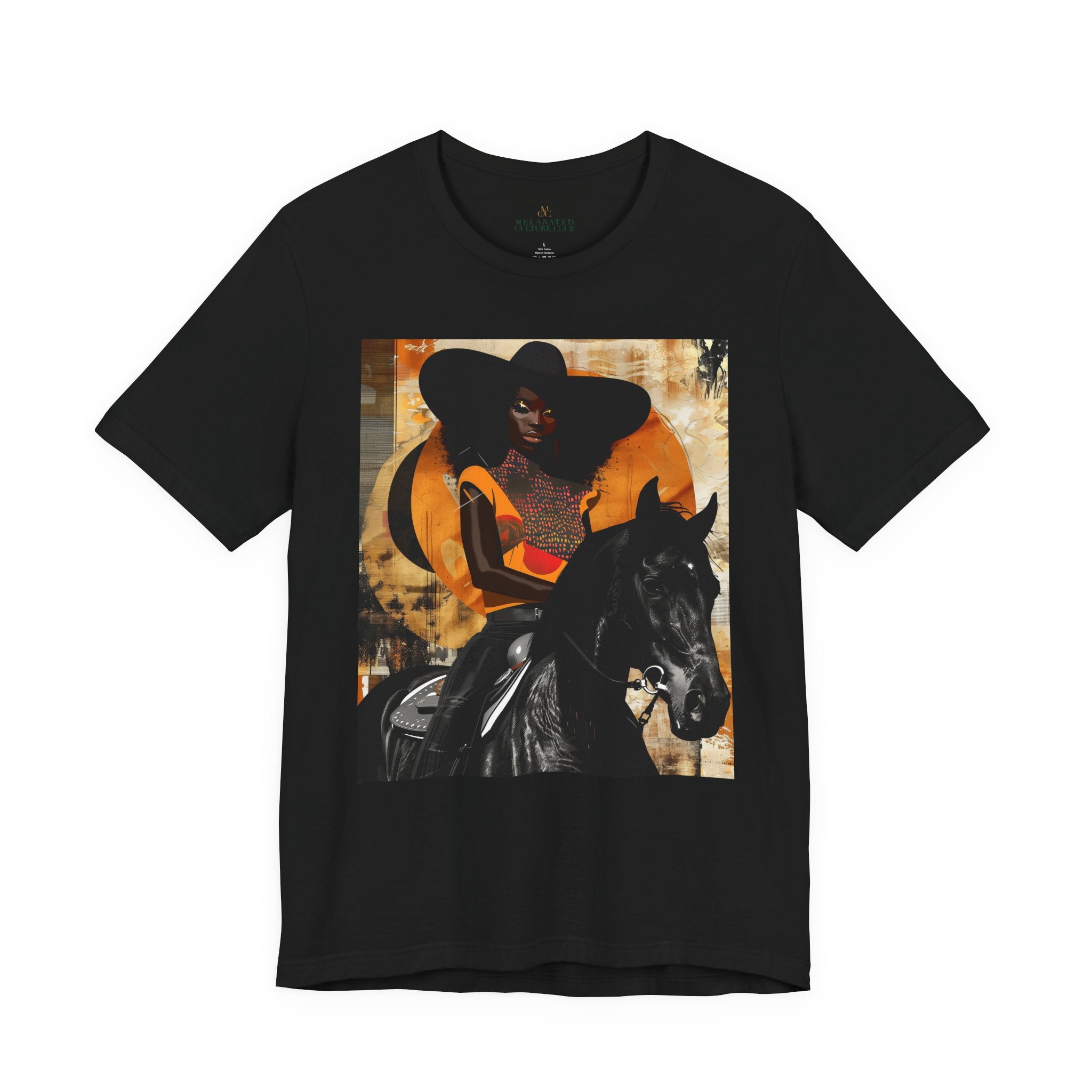 Afrocentric Black cowgirl t-shirt featuring a Black woman riding a stallion in an abstract collage art style, western-inspired graphic tee with cultural and modern aesthetic.