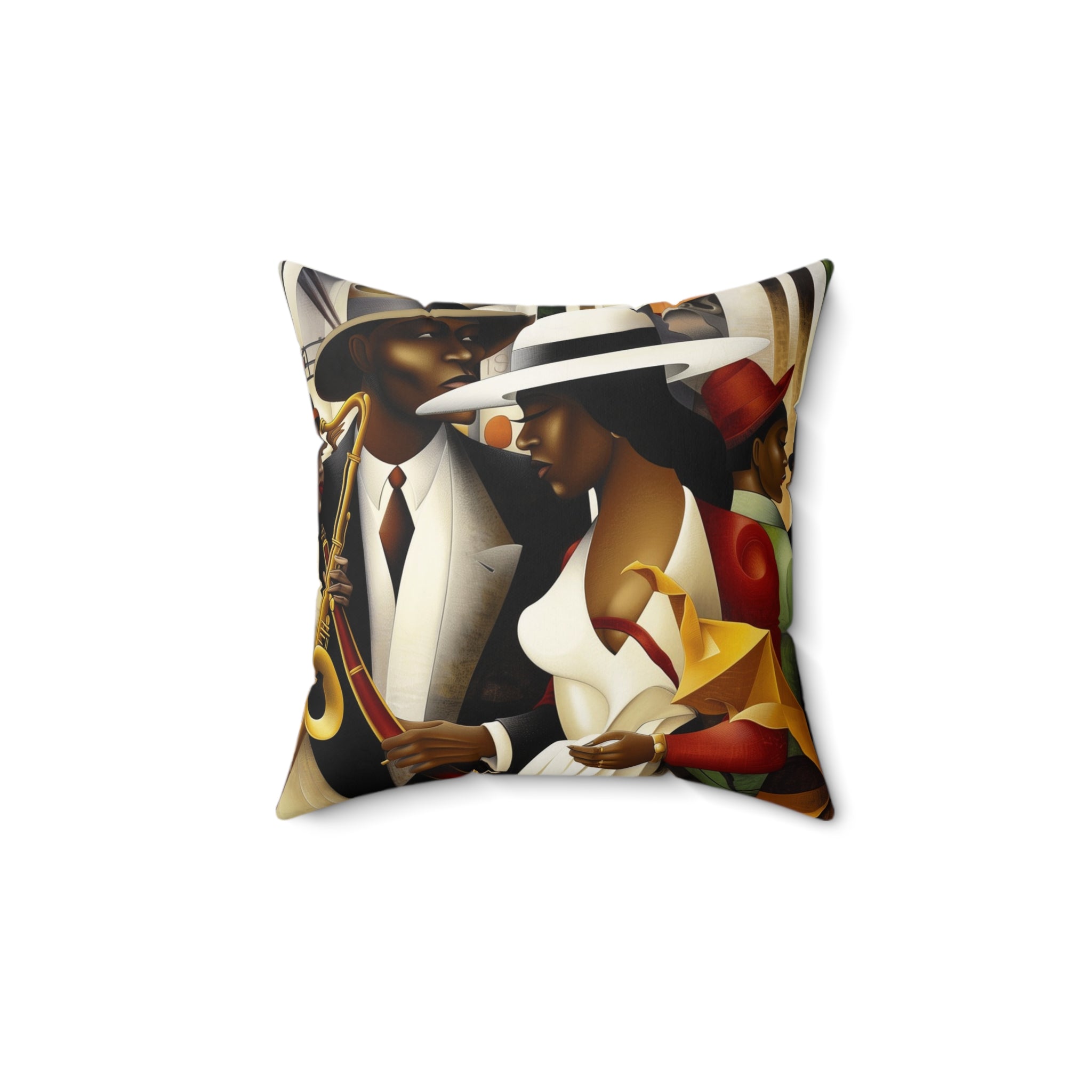 Harlem Renaissance Faux Suede Square Pillow featuring abstract jazz musicians in an Afrocentric Bauhaus style. African American home decor accent with vibrant colors and Afro-Bohemian flair.