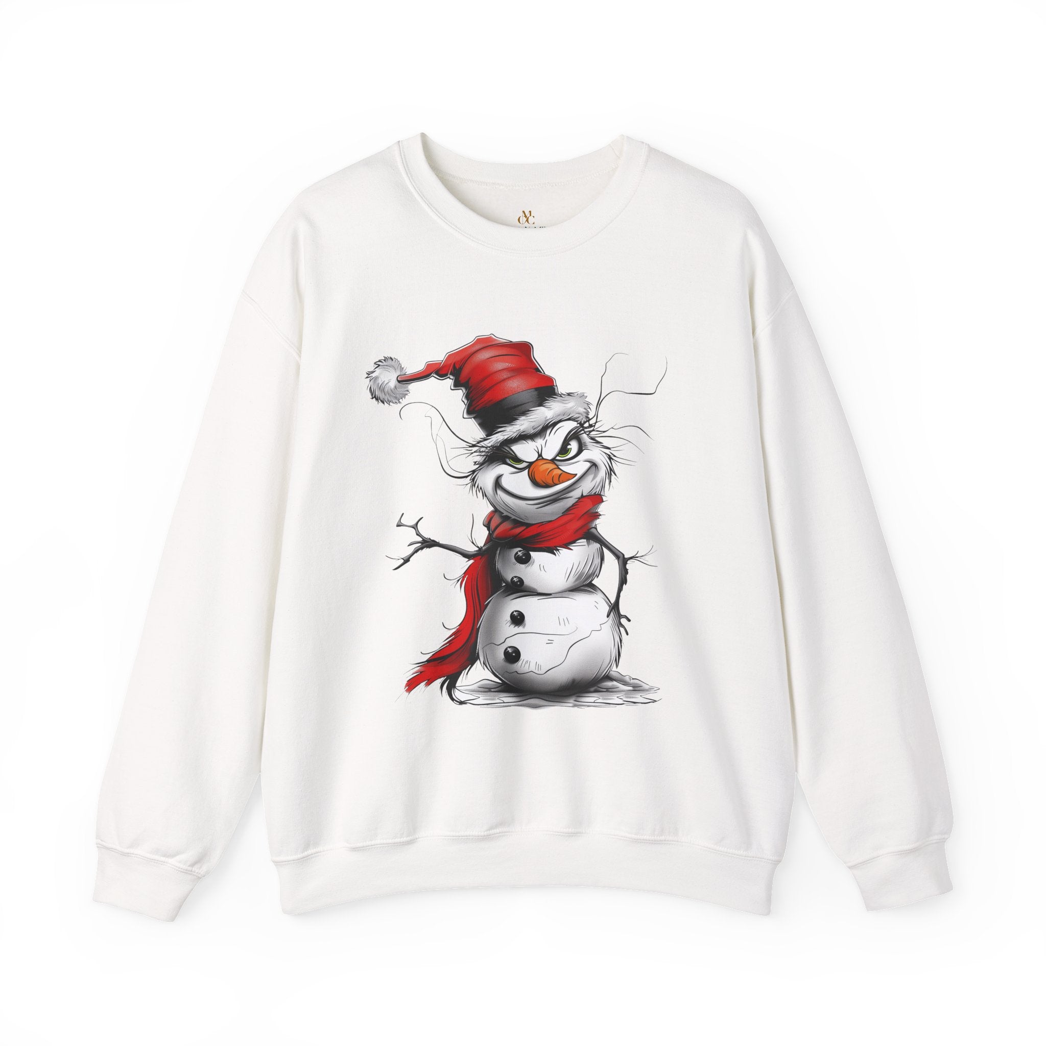 Snowman Grinch Sweatshirt featuring a unique snowman with a naughty, Grinch-inspired face – festive holiday Christmas sweater perfect for parties and seasonal wear.