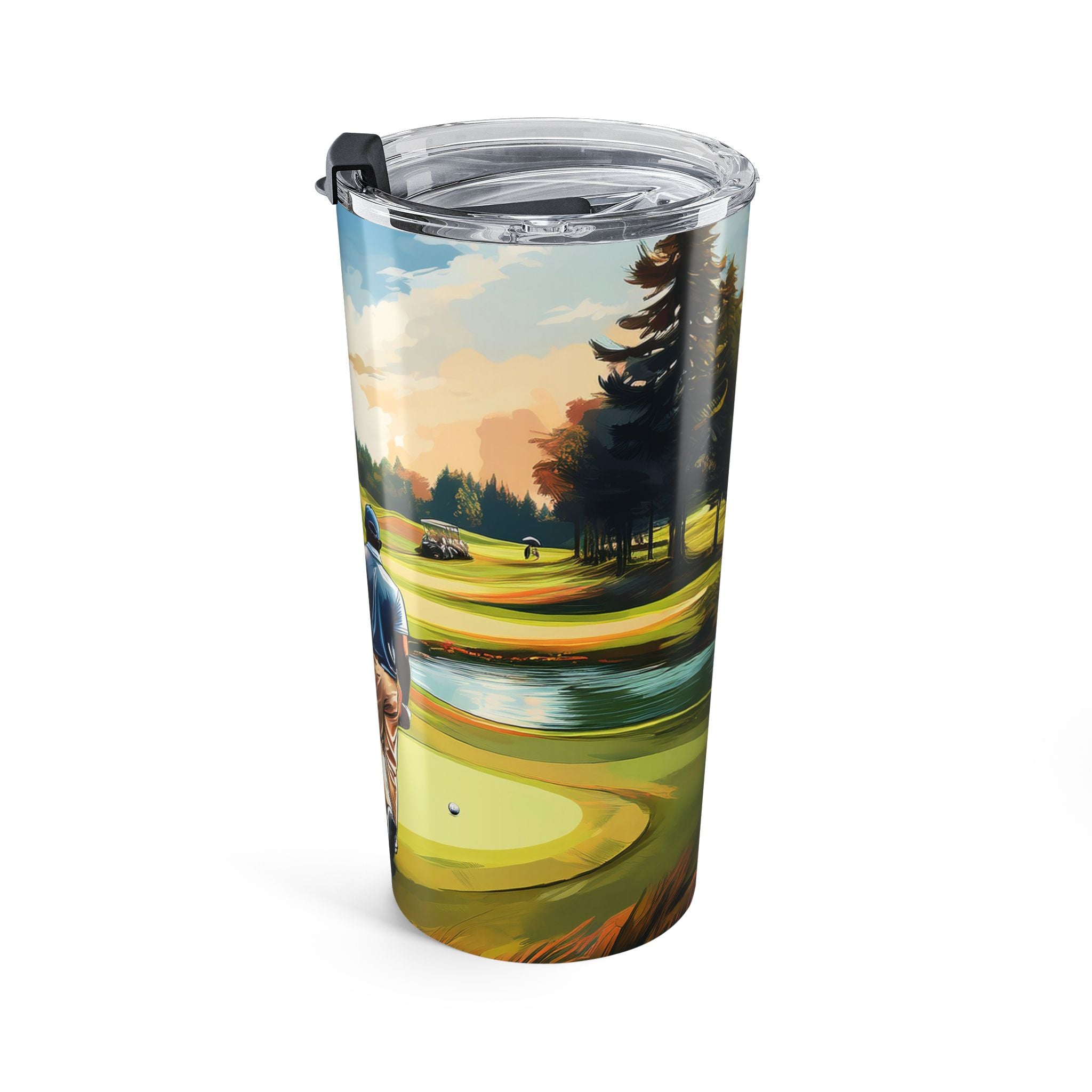 20 oz tumbler with painterly illustration of Black men playing golf on a green course, featuring a clear push-on lid with rubber gasket for hot and cold beverages.