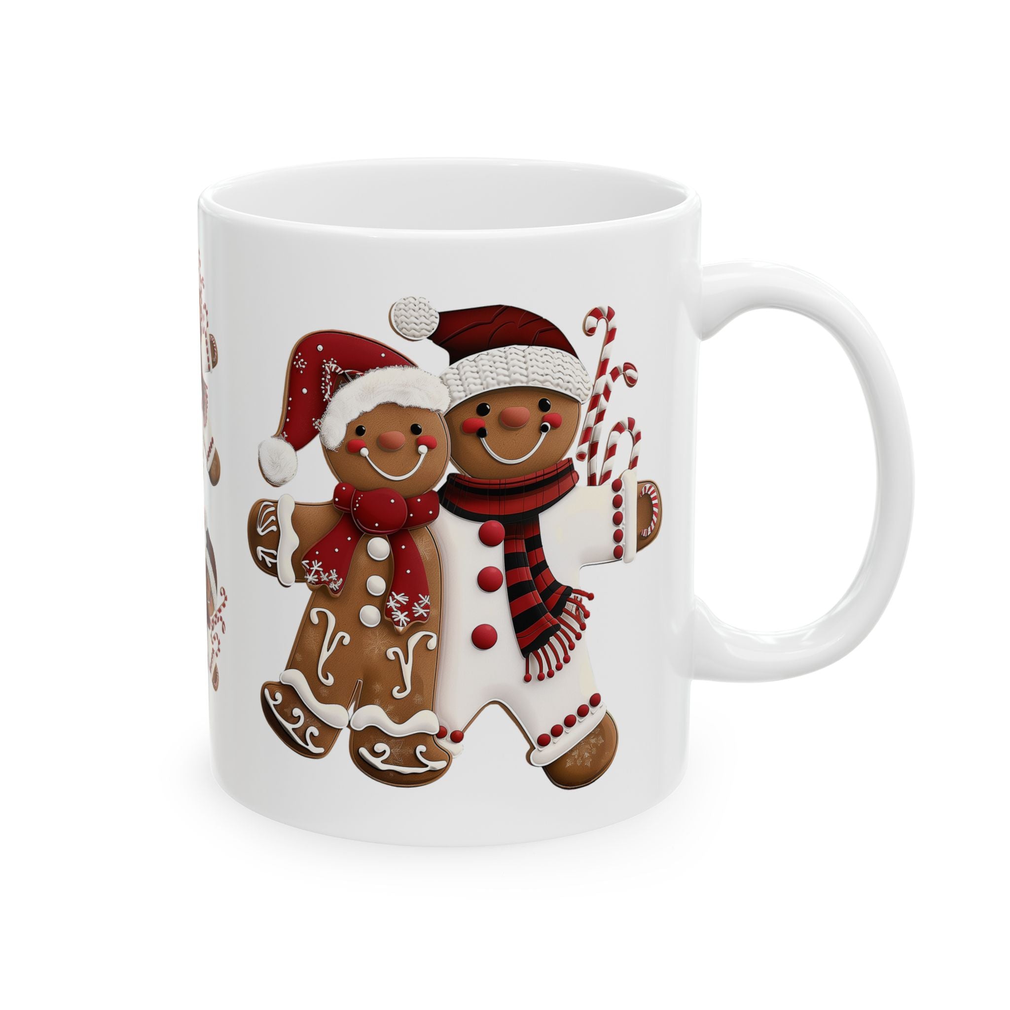 Gingerbread Cookie Couple Coffee Mug featuring a festive gingerbread couple design, Christmas holiday beverage mug perfect for coffee, tea, and hot cocoa, available in 11 oz and 15 oz sizes.