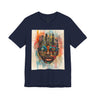 Afrocentric graphic t-shirt featuring an abstract African mask blended with the New York City skyline in a colorful watercolor style design celebrating Black culture and NYC pride.