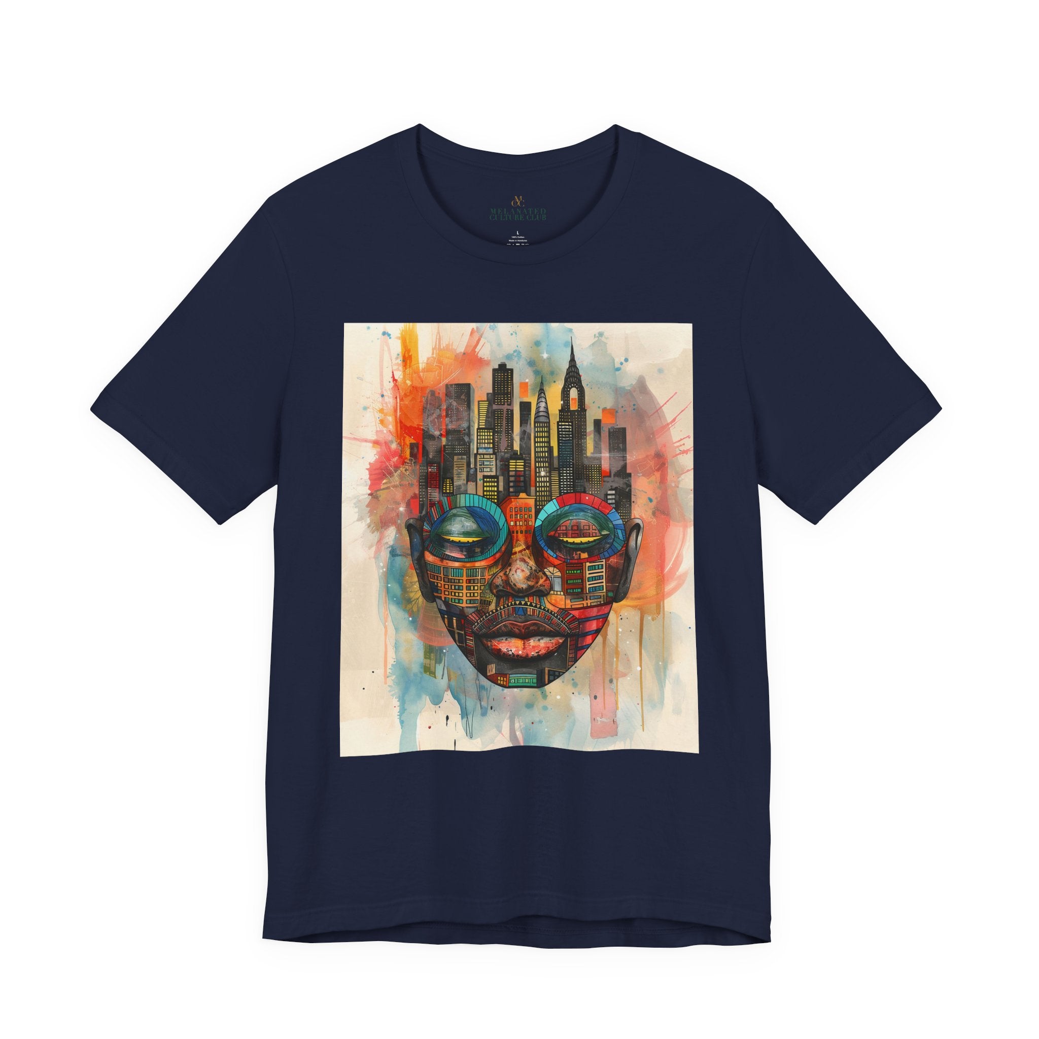 Afrocentric graphic t-shirt featuring an abstract African mask blended with the New York City skyline in a colorful watercolor style design celebrating Black culture and NYC pride.