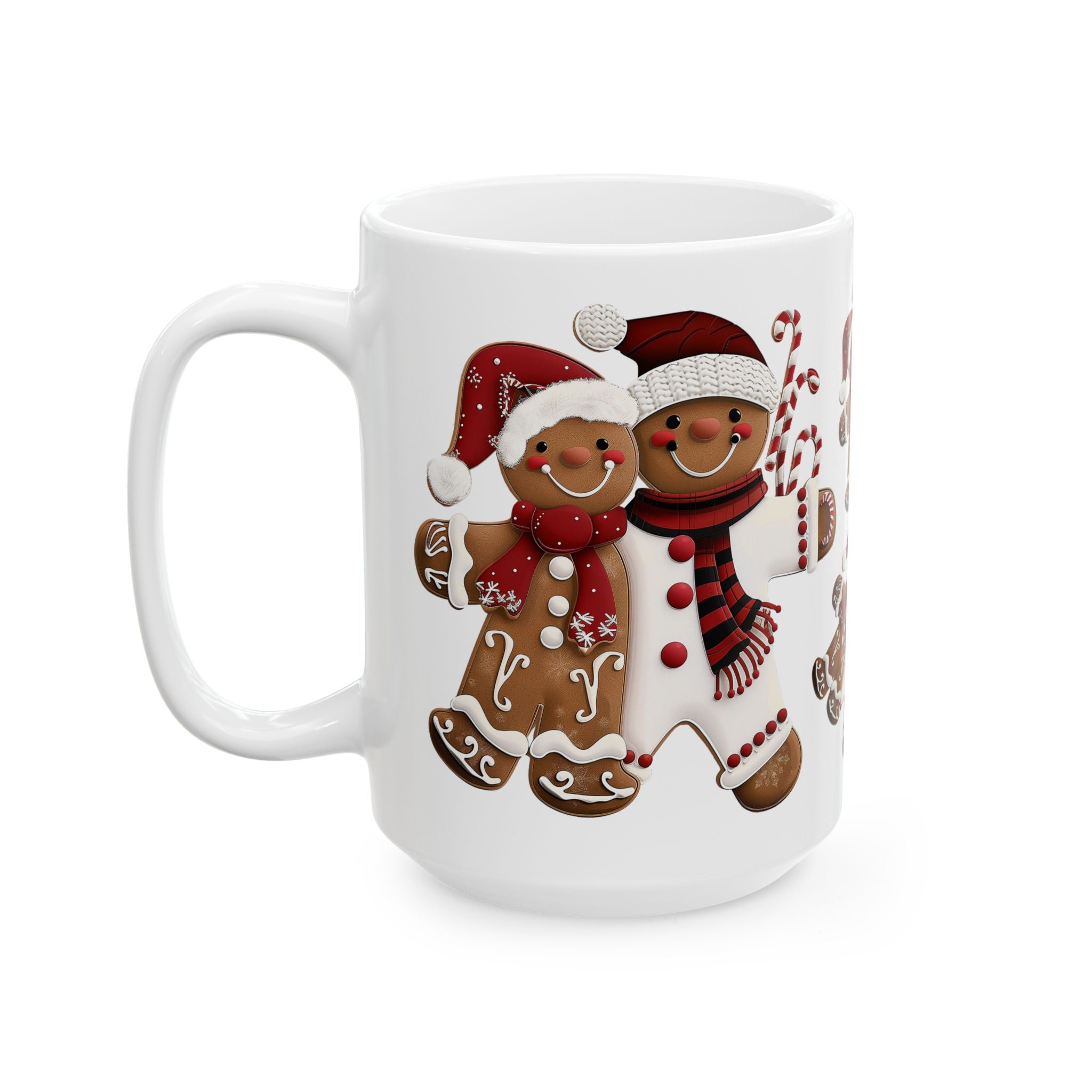 Gingerbread Cookie Couple Coffee Mug featuring a festive gingerbread couple design, Christmas holiday beverage mug perfect for coffee, tea, and hot cocoa, available in 11 oz and 15 oz sizes.