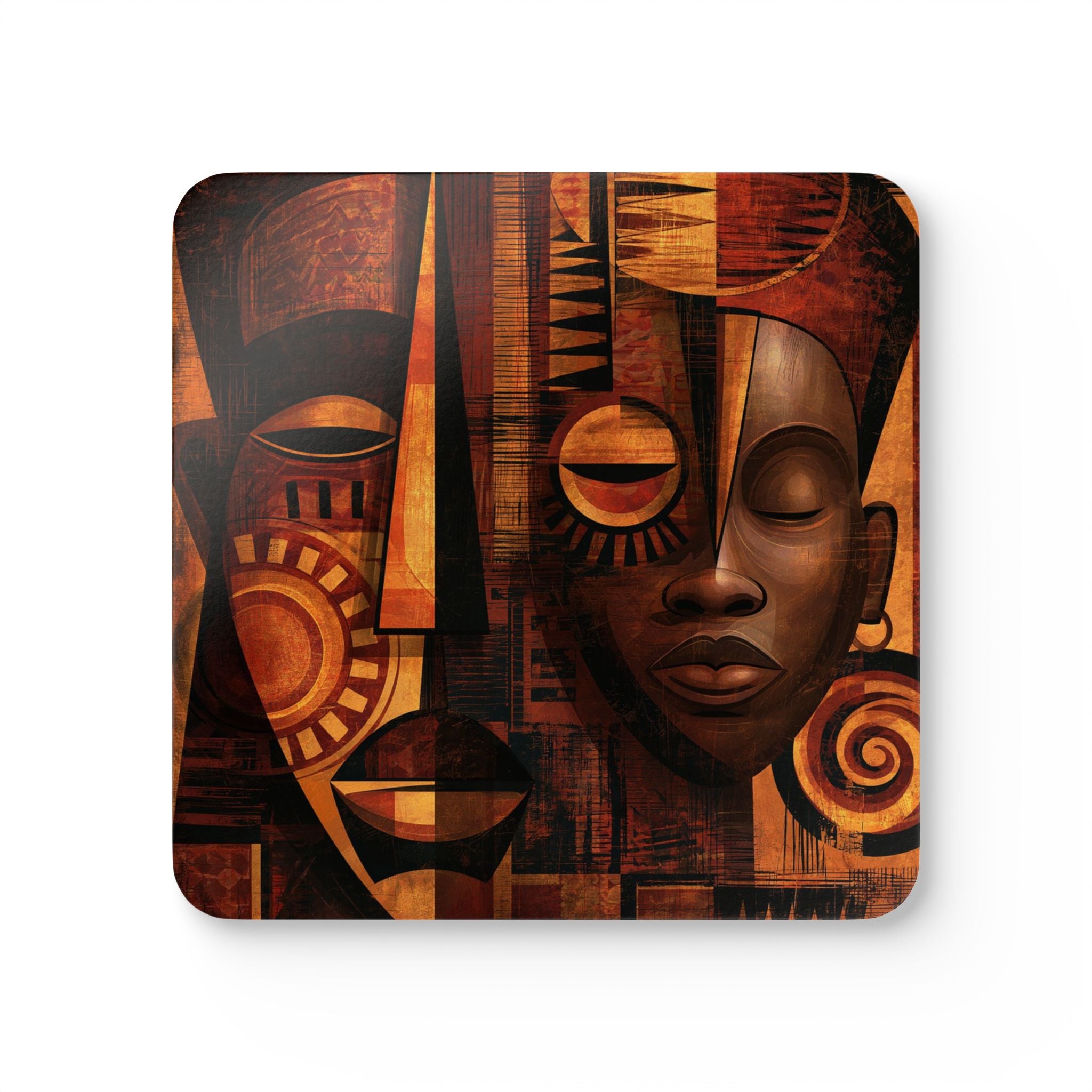 African Mask beverage coaster with cork backing on a white background.  Style 03