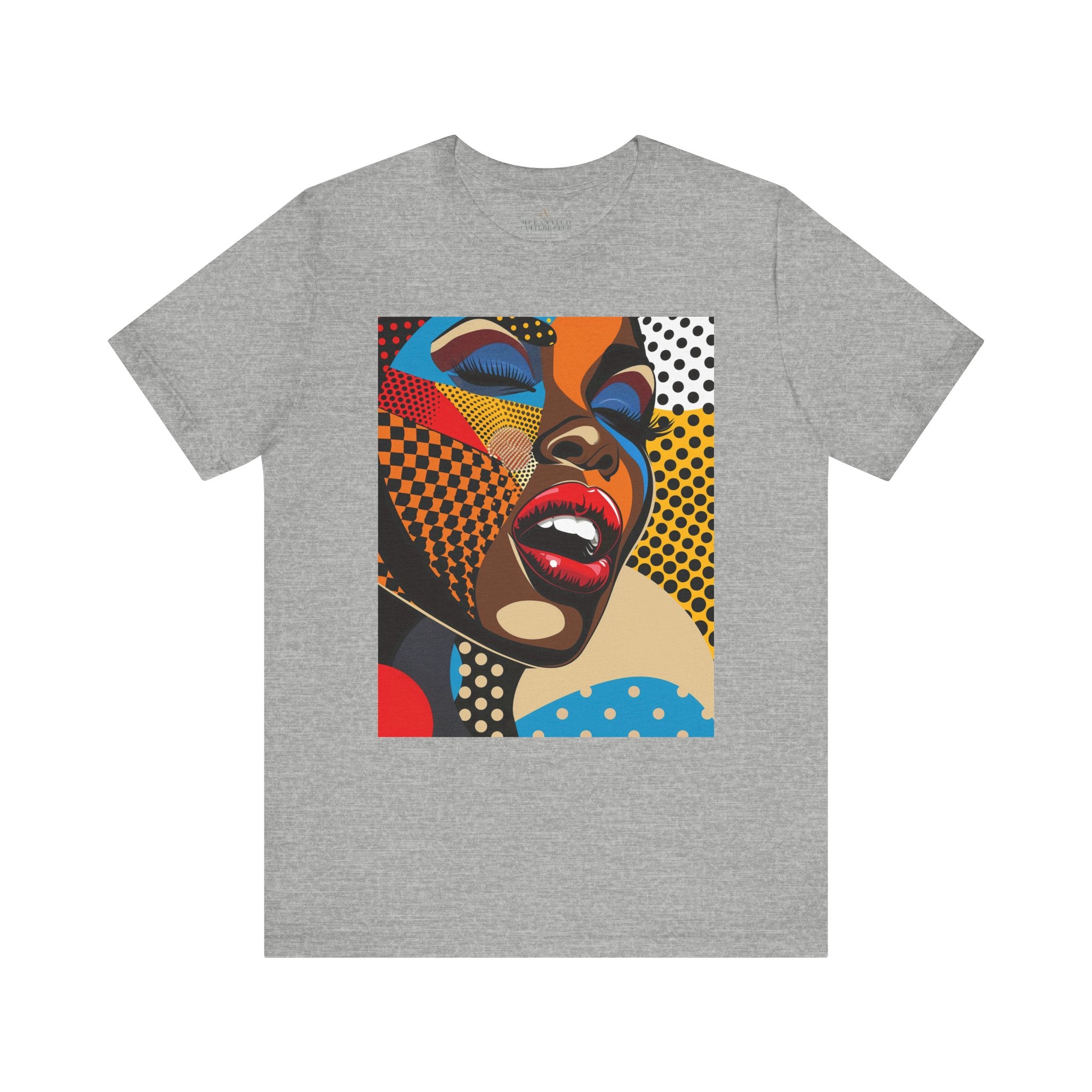 Beautiful Black Girl Pop Art Tee featuring a comic book-style illustration of an African American woman with closed eyes and bold red lips singing. Designed in bright, vivid colors with Afrocentric flair and Pop Art movement aesthetics.