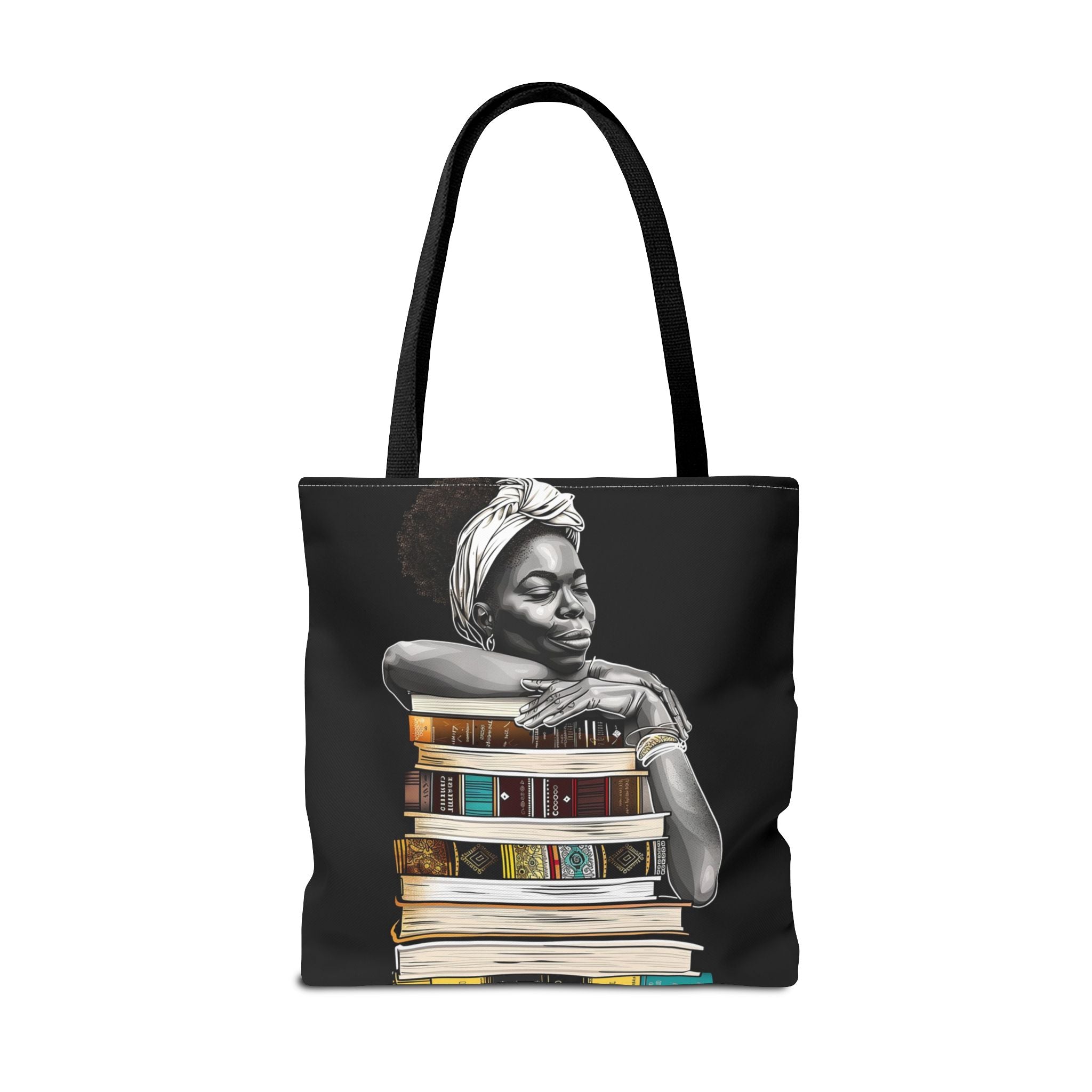 Afrocentric canvas tote bag featuring a peaceful Black woman embracing books, symbolizing education, knowledge, freedom, and generational legacy.