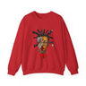 Abstract Afrocentric sweatshirt featuring a split-face portrait of a Black man, half human and half robot, with expressive facial features and futuristic mechanical details in an Afrofuturism art style.