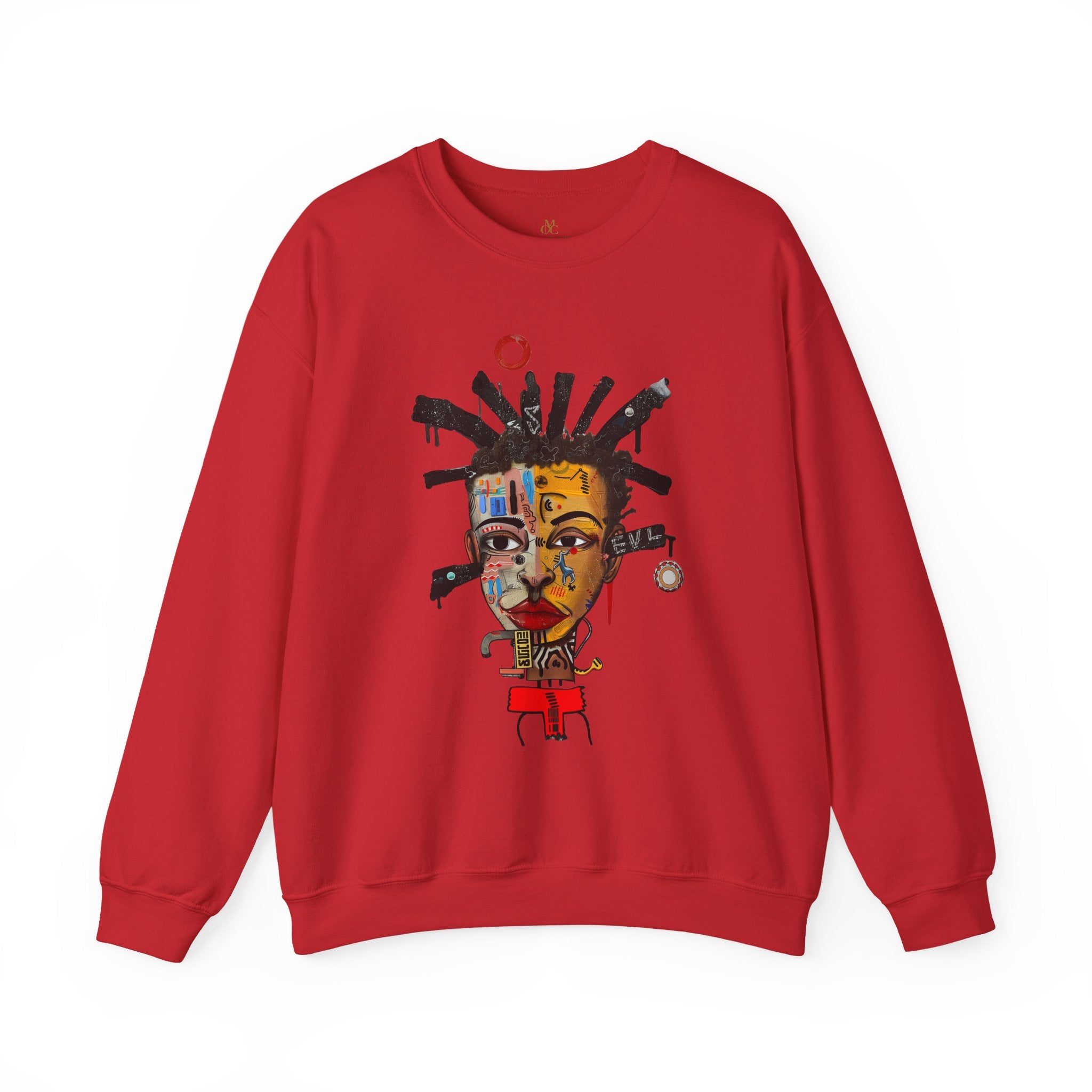 Abstract Afrocentric sweatshirt featuring a split-face portrait of a Black man, half human and half robot, with expressive facial features and futuristic mechanical details in an Afrofuturism art style.