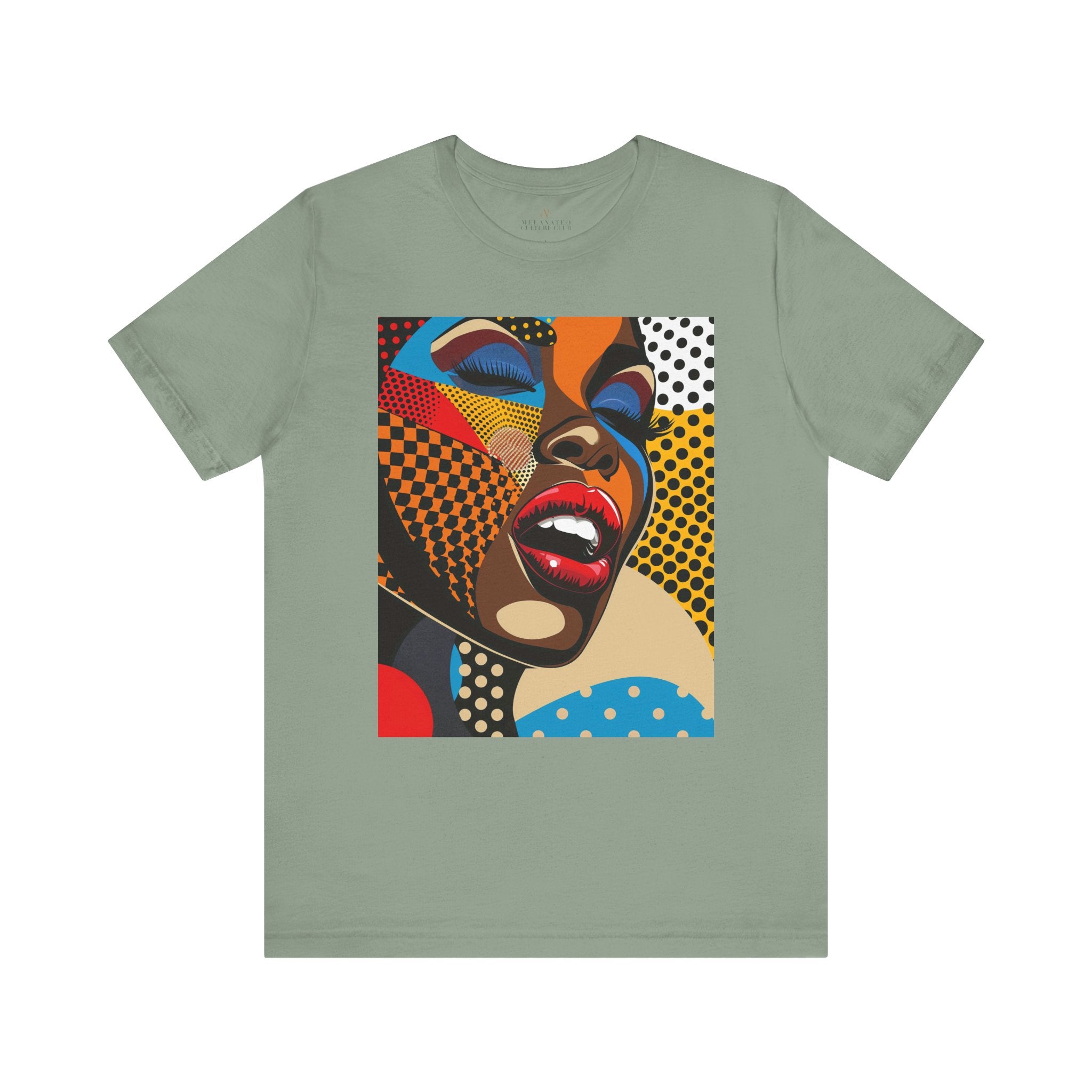 Beautiful Black Girl Pop Art Tee featuring a comic book-style illustration of an African American woman with closed eyes and bold red lips singing. Designed in bright, vivid colors with Afrocentric flair and Pop Art movement aesthetics.