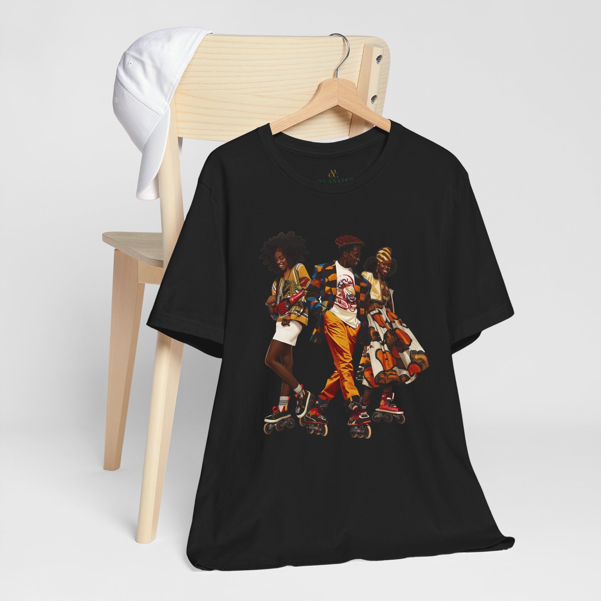 Black Roller Skaters Hip Hop Tee Shirt featuring a stylish Black man and women roller skating in vibrant Afrocentric streetwear; adult unisex top celebrating Black culture, retro skating vibes, and urban fashion.