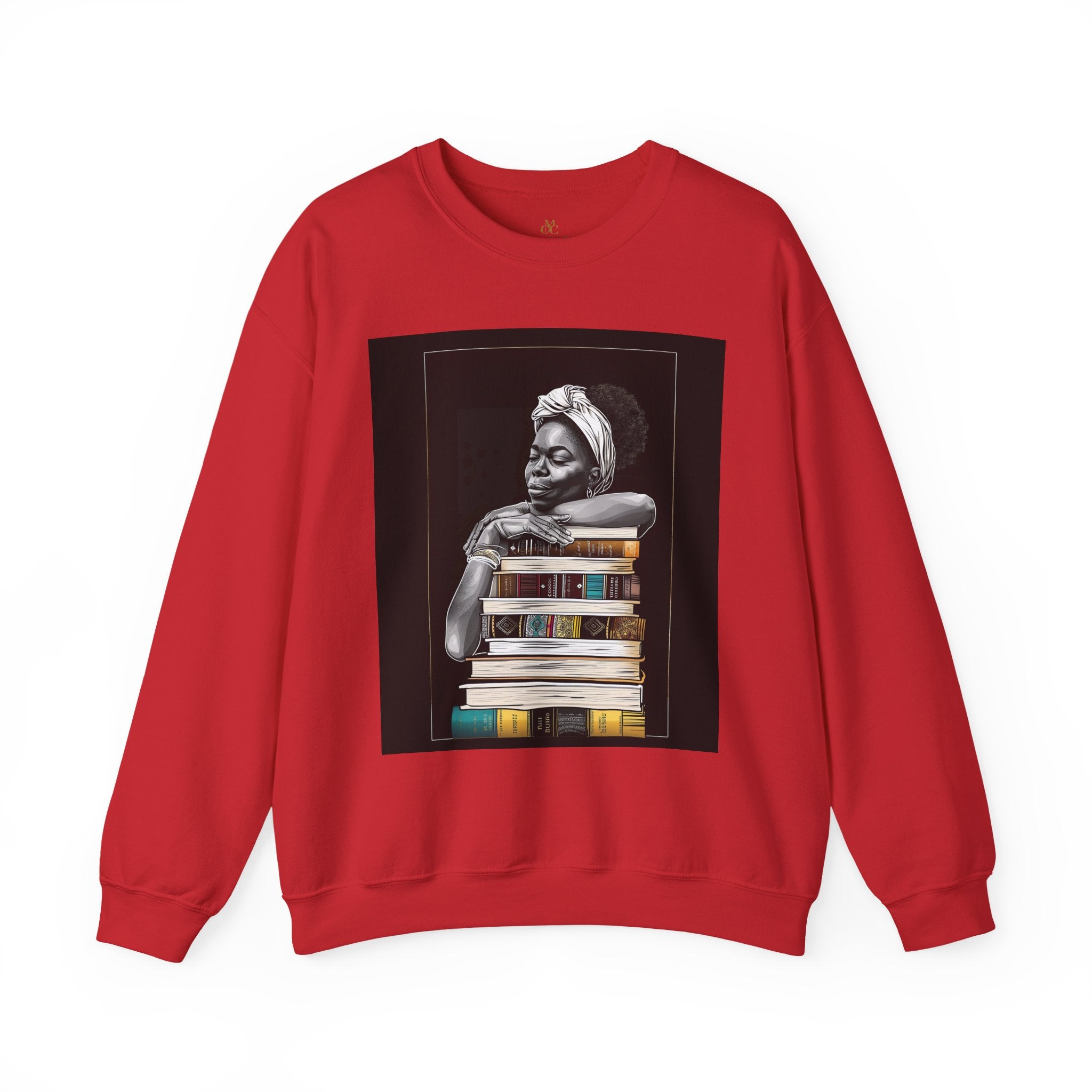 Afrocentric unisex sweatshirt featuring a Black woman embracing books. Cozy crewneck celebrating education, knowledge, freedom, and generational legacy.