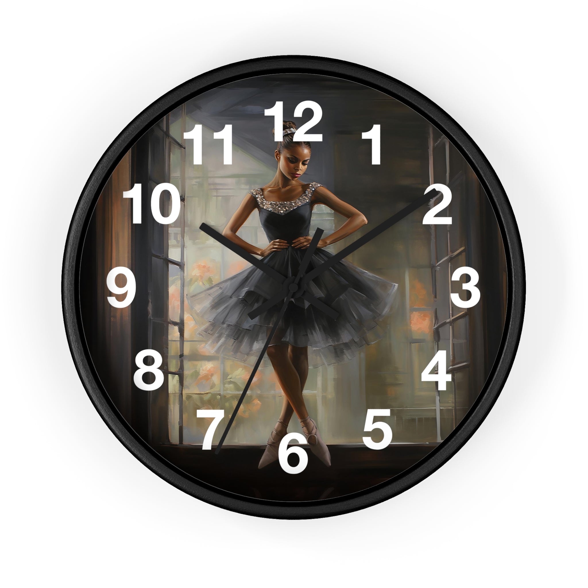 Black Girl Ballerina Round Wall Clock featuring an African American ballerina in a graceful pose, with detailed tutu folds and ballet slippers.