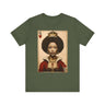 Black Queen of Hearts Tee Shirt featuring an illustrated African American woman with an afro and gold crown, styled as the Queen of Hearts playing card. Afrocentric vintage-inspired streetwear design in bold red, gold, and black colors.