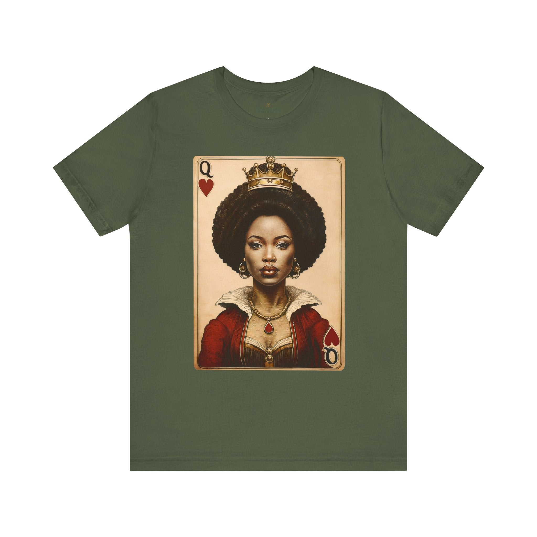 Black Queen of Hearts Tee Shirt featuring an illustrated African American woman with an afro and gold crown, styled as the Queen of Hearts playing card. Afrocentric vintage-inspired streetwear design in bold red, gold, and black colors.