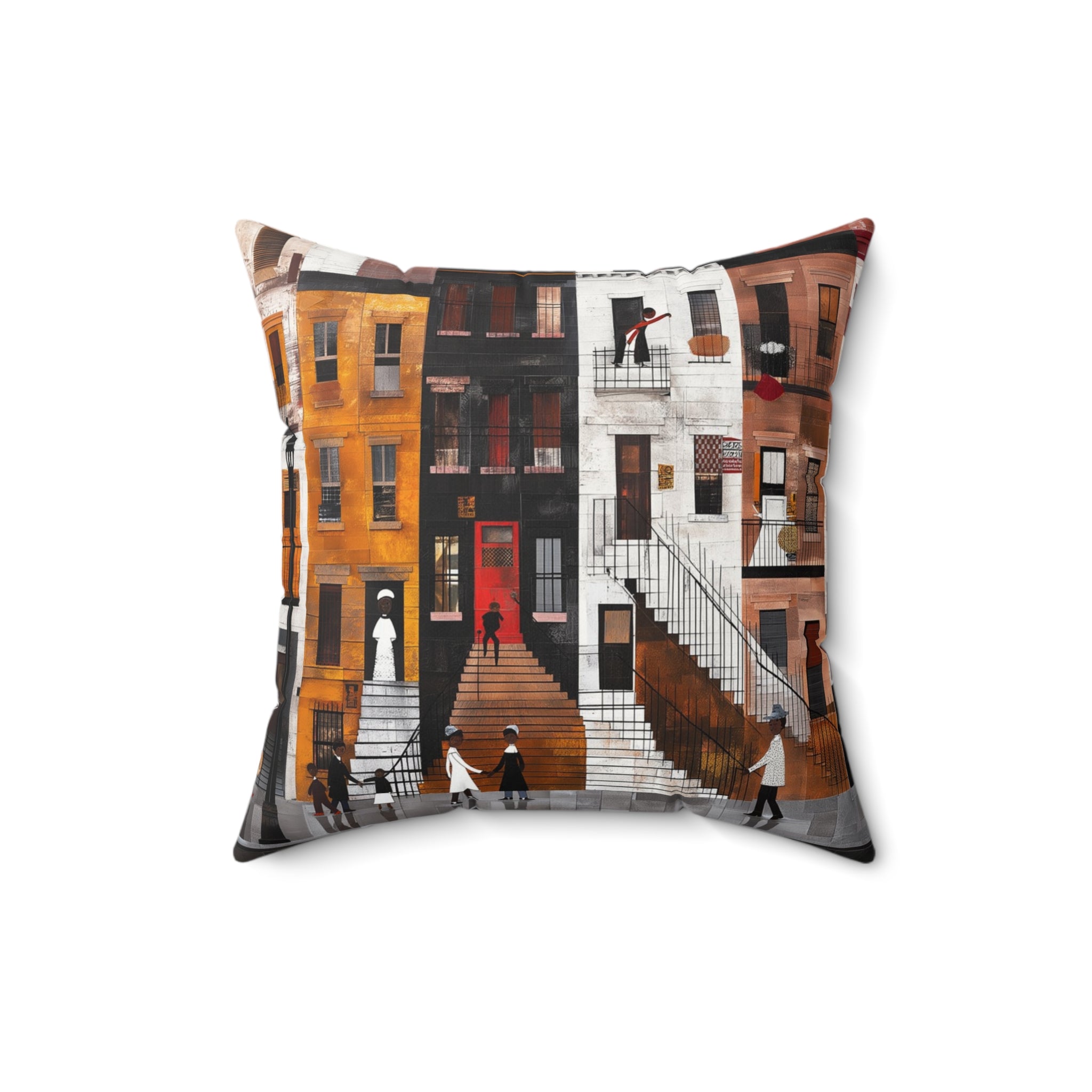 Harlem Neighborhood Faux Suede Square Pillow featuring an abstract Afrocentric design inspired by Harlem street life and culture. A vibrant African American art accent pillow for sofa or bed decor.