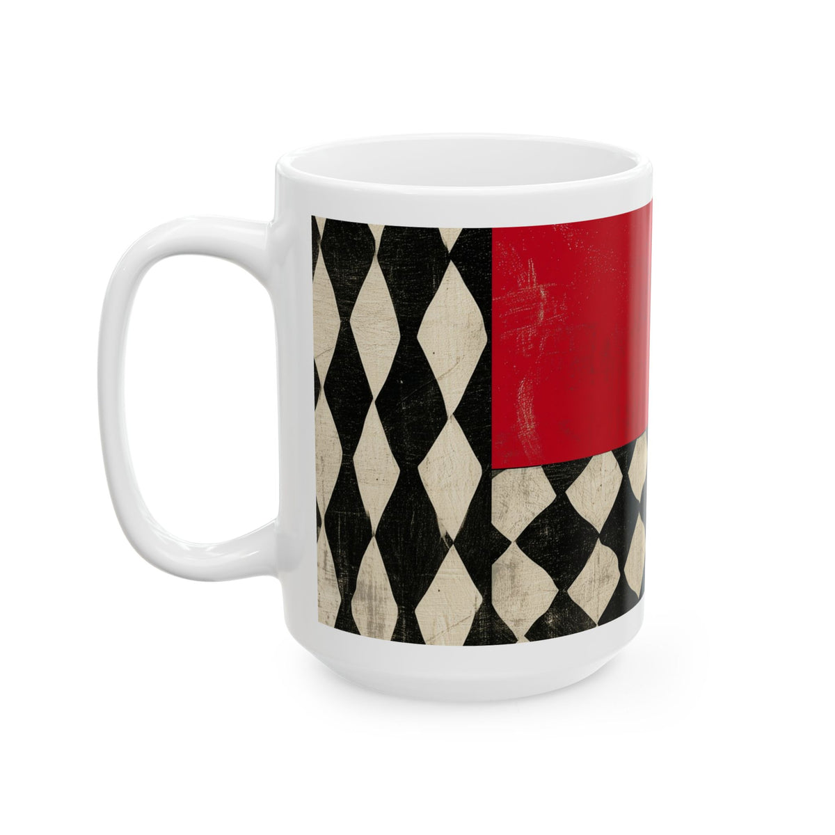 Left handle view of an 11 oz  Afrocentric geometric coffee mug featuring creme, black and red abstract shapes, arches, stripes and checkerboard patterns, displayed against a white background.