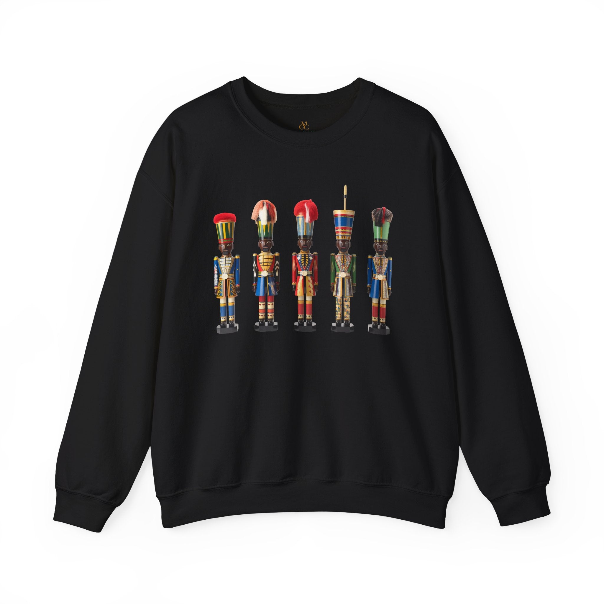 Black Nutcracker Soldiers Sweatshirt featuring African American nutcracker soldier designs, holiday Christmas apparel, ugly sweater gift, festive holiday party celebration crewneck.
