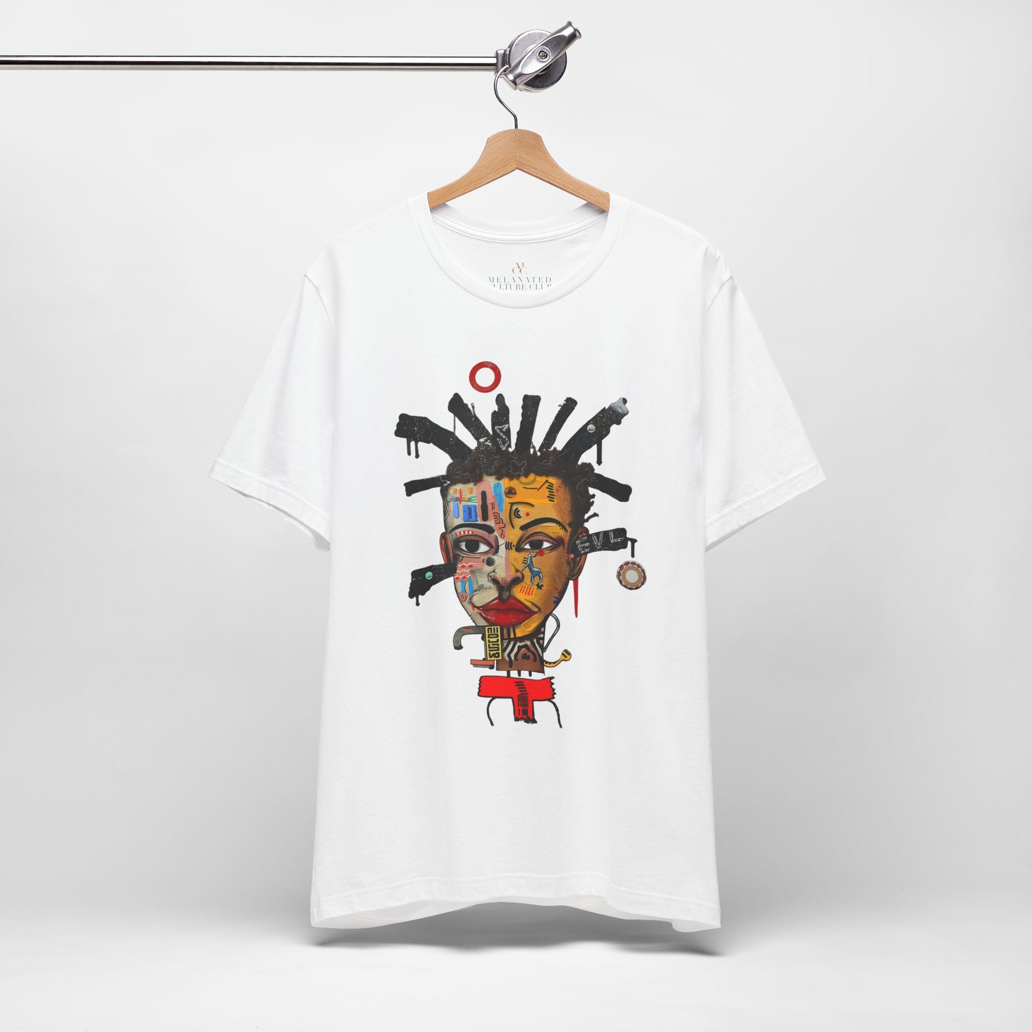 Abstract Afrocentric t-shirt featuring a split-face portrait of a Black man, half human and half robot, with expressive facial features and futuristic mechanical details in an Afrofuturism art style. Series 02