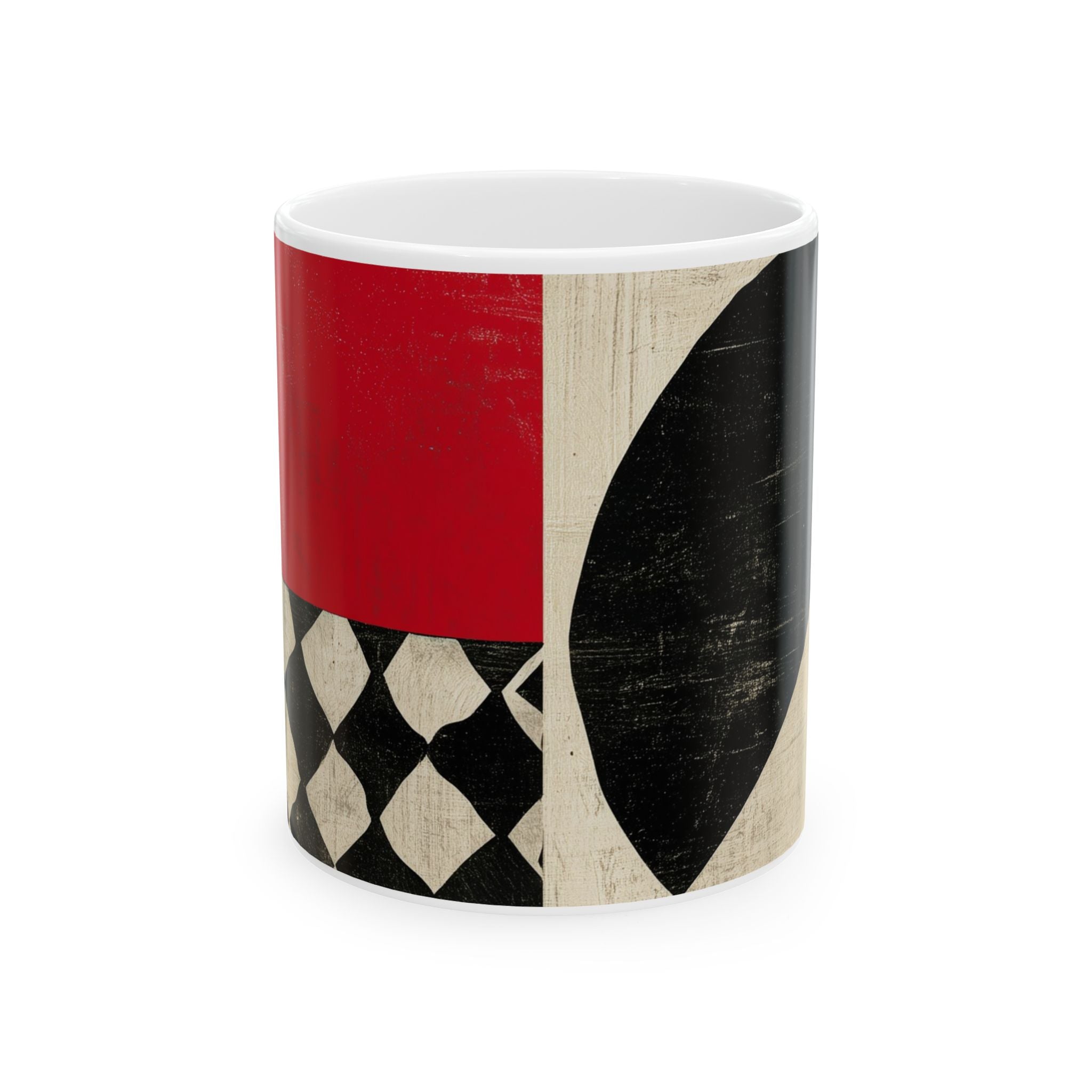 Front view of an 11 oz  Afrocentric geometric coffee mug featuring creme, black and red abstract shapes, arches, stripes and checkerboard patterns, displayed against a white background.